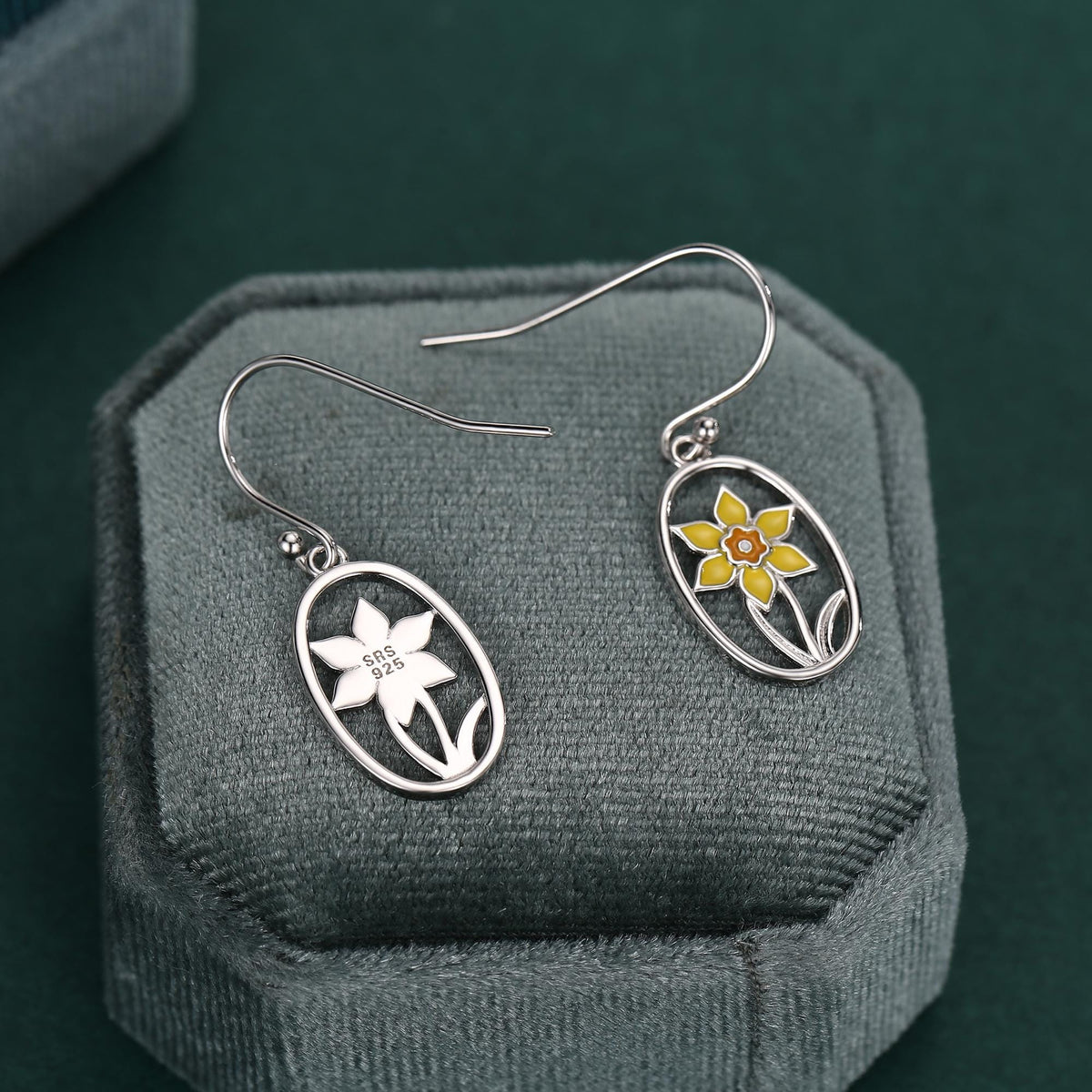 Sterling Silver Enamel Daffodil Oval Drop Earrings