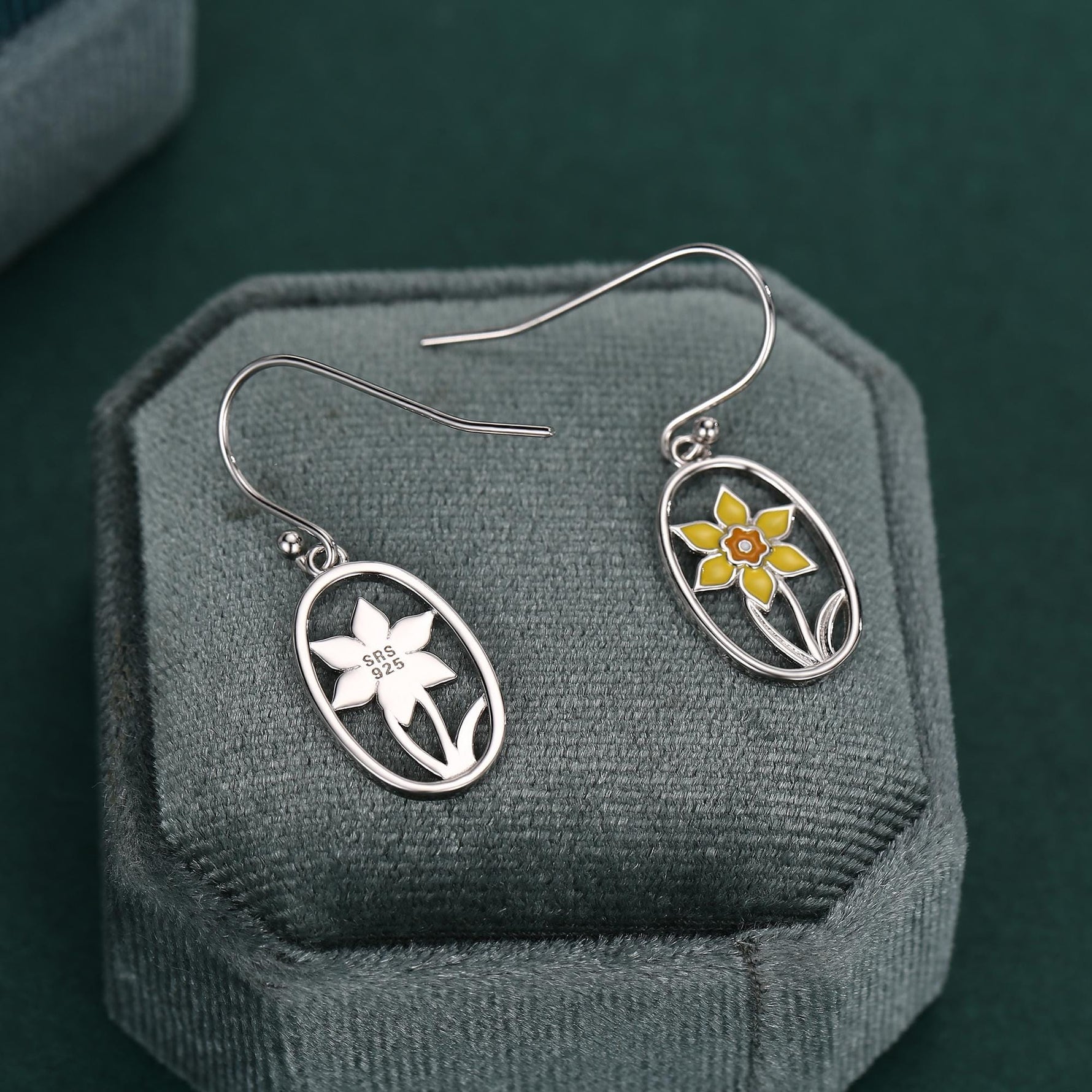 Sterling Silver Enamel Daffodil Oval Drop Earrings