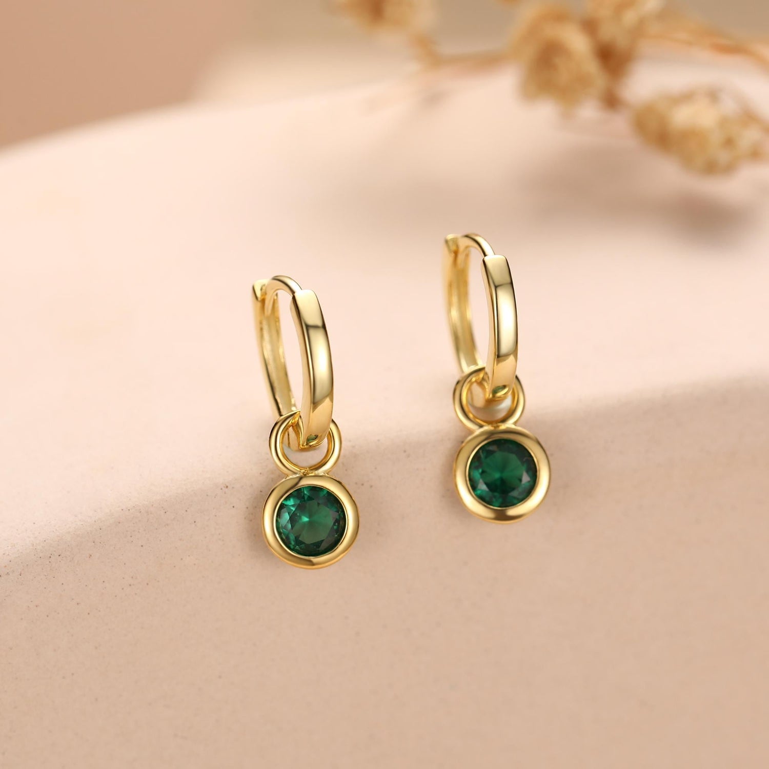 May Birthstone Emerald Green Crystal Drop Hoop Earrings in Sterling Silver, Detachable Dangle Earrings, Silver, Gold, Rose Gold