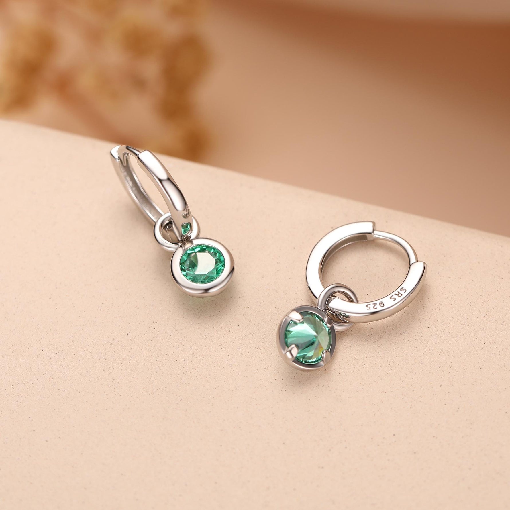 May Birthstone Emerald Green Crystal Drop Hoop Earrings in Sterling Silver, Detachable Dangle Earrings, Silver, Gold, Rose Gold
