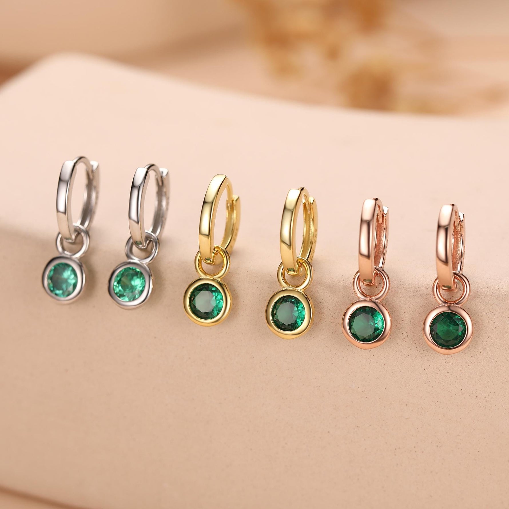 May Birthstone Emerald Green Crystal Drop Hoop Earrings in Sterling Silver, Detachable Dangle Earrings, Silver, Gold, Rose Gold