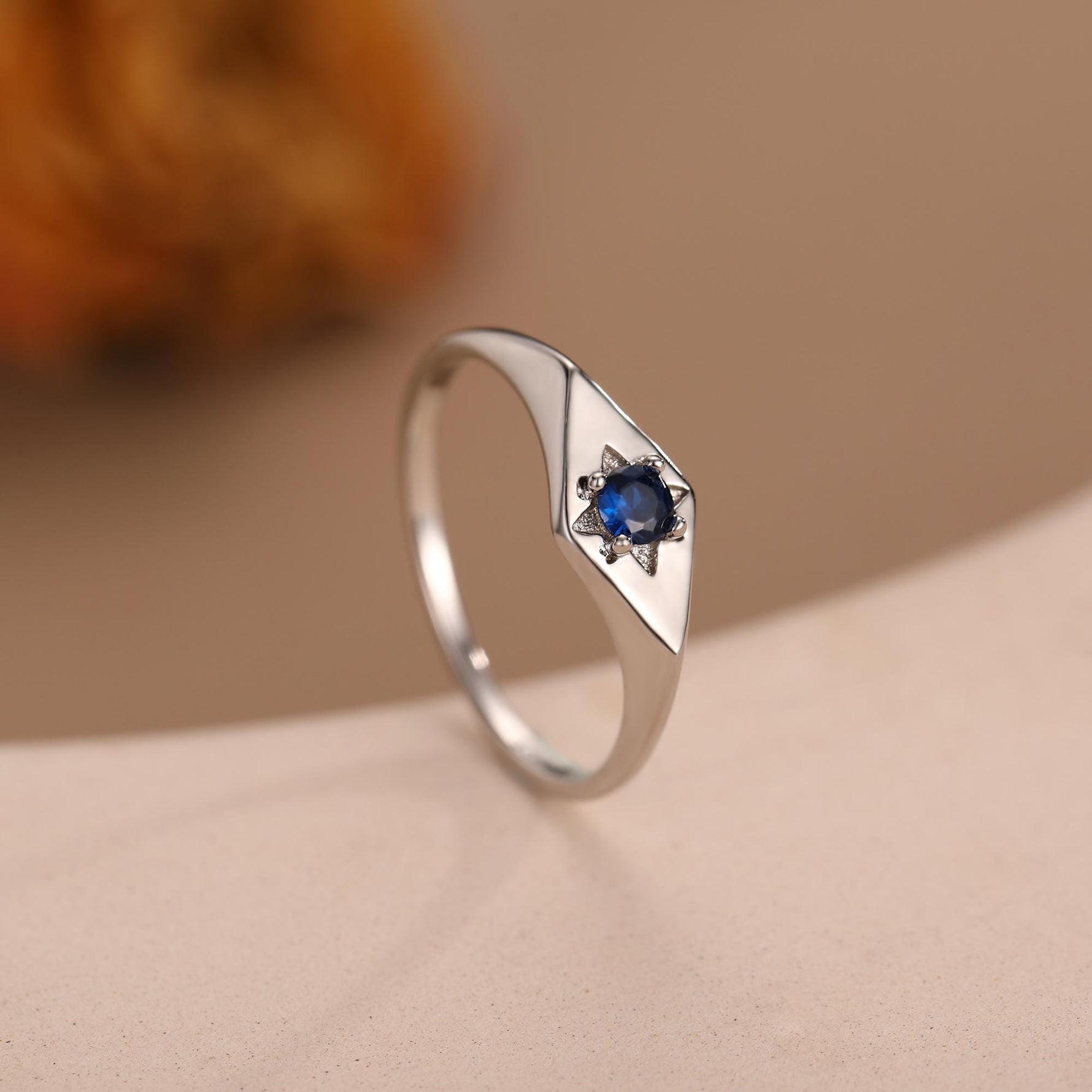 Kite Signet Sapphire Ring in Sterling Silver, Silver or Gold, Starburst Sapphire Blue CZ Ring, Rhombus Ring, US 5 - 8
