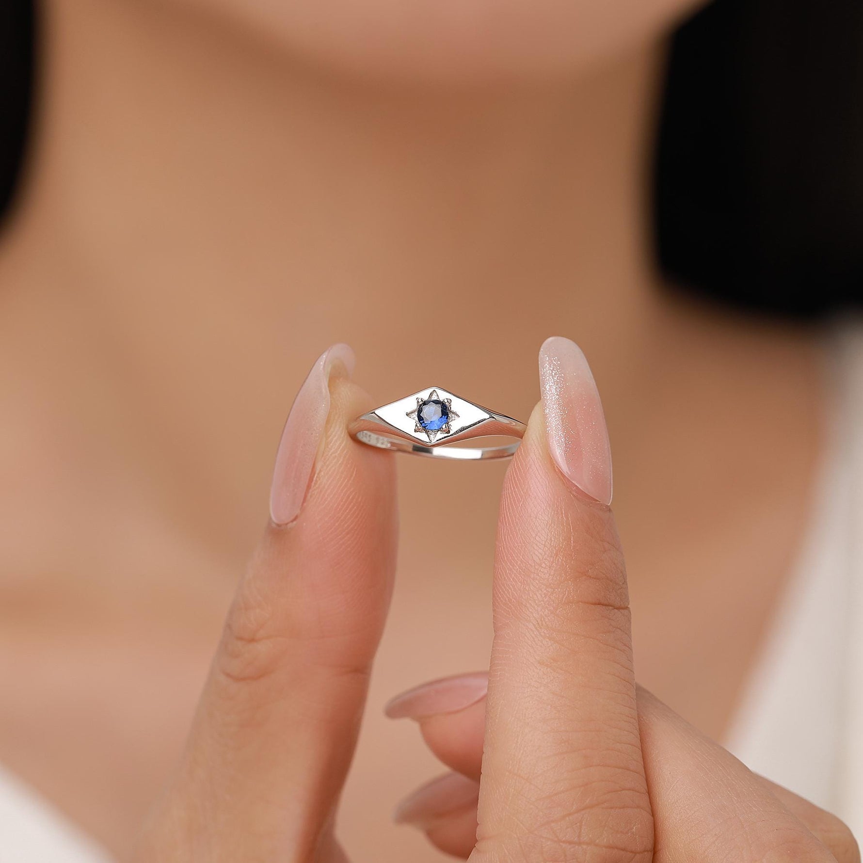 Kite Signet Sapphire Ring in Sterling Silver, Silver or Gold, Starburst Sapphire Blue CZ Ring, Rhombus Ring, US 5 - 8