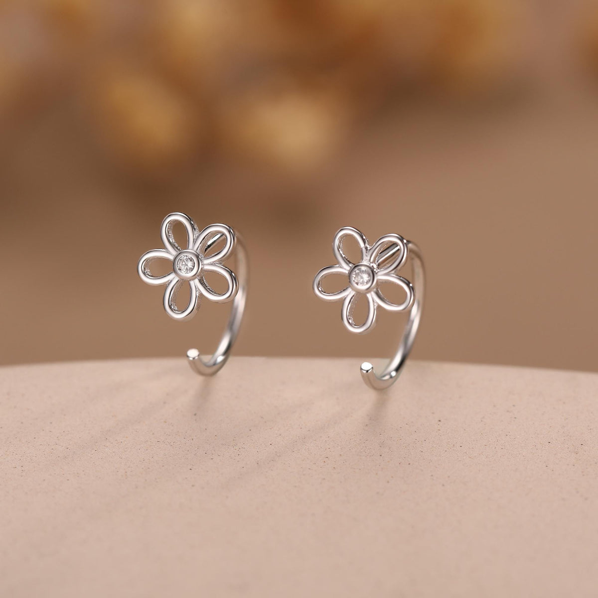 Forget me not Flower Huggie Hoop Earrings in Sterling Silver, Curved Post Earrings, Open Hoops, Pull-Through Threader Earrings,