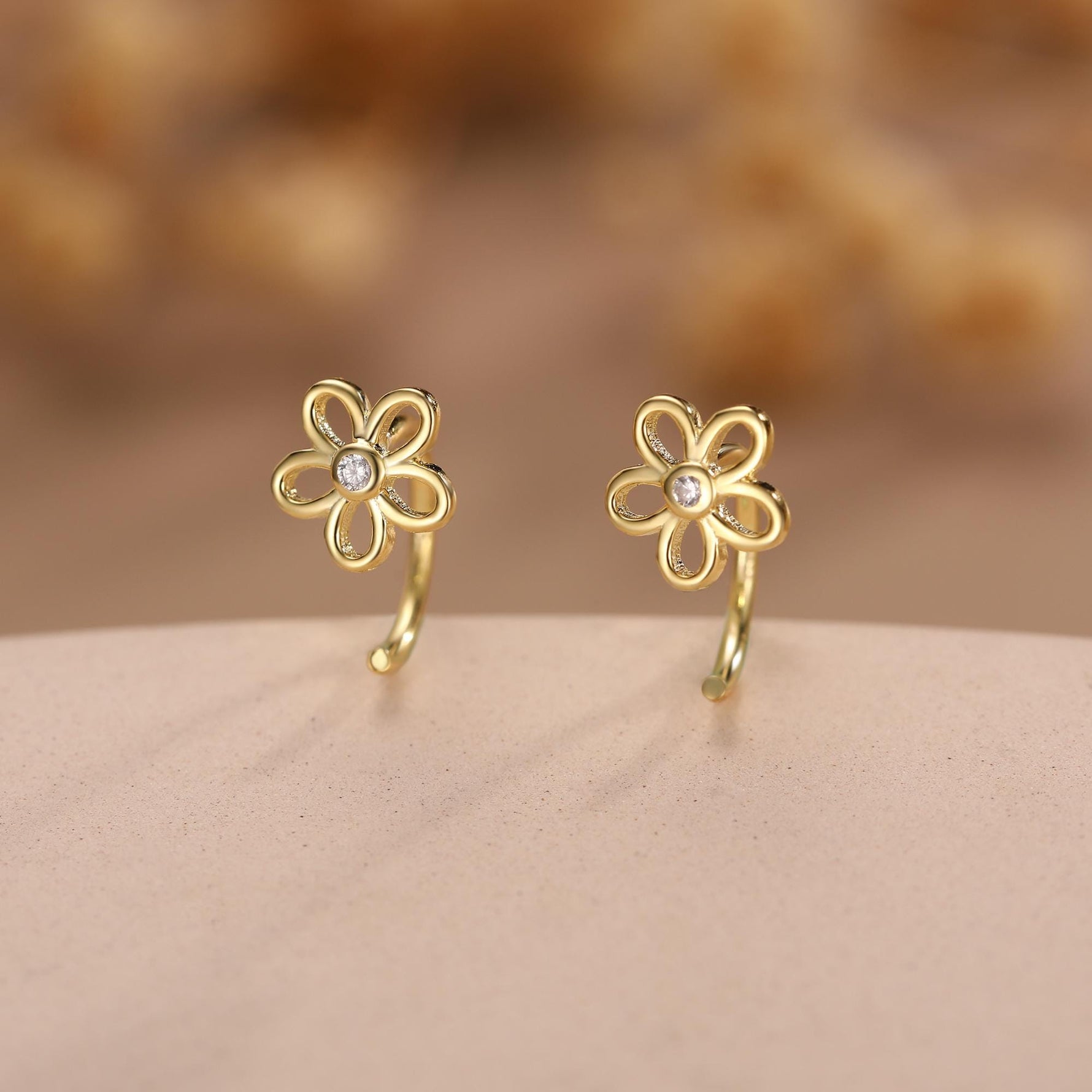 Forget me not Flower Huggie Hoop Earrings in Sterling Silver, Curved Post Earrings, Open Hoops, Pull-Through Threader Earrings,
