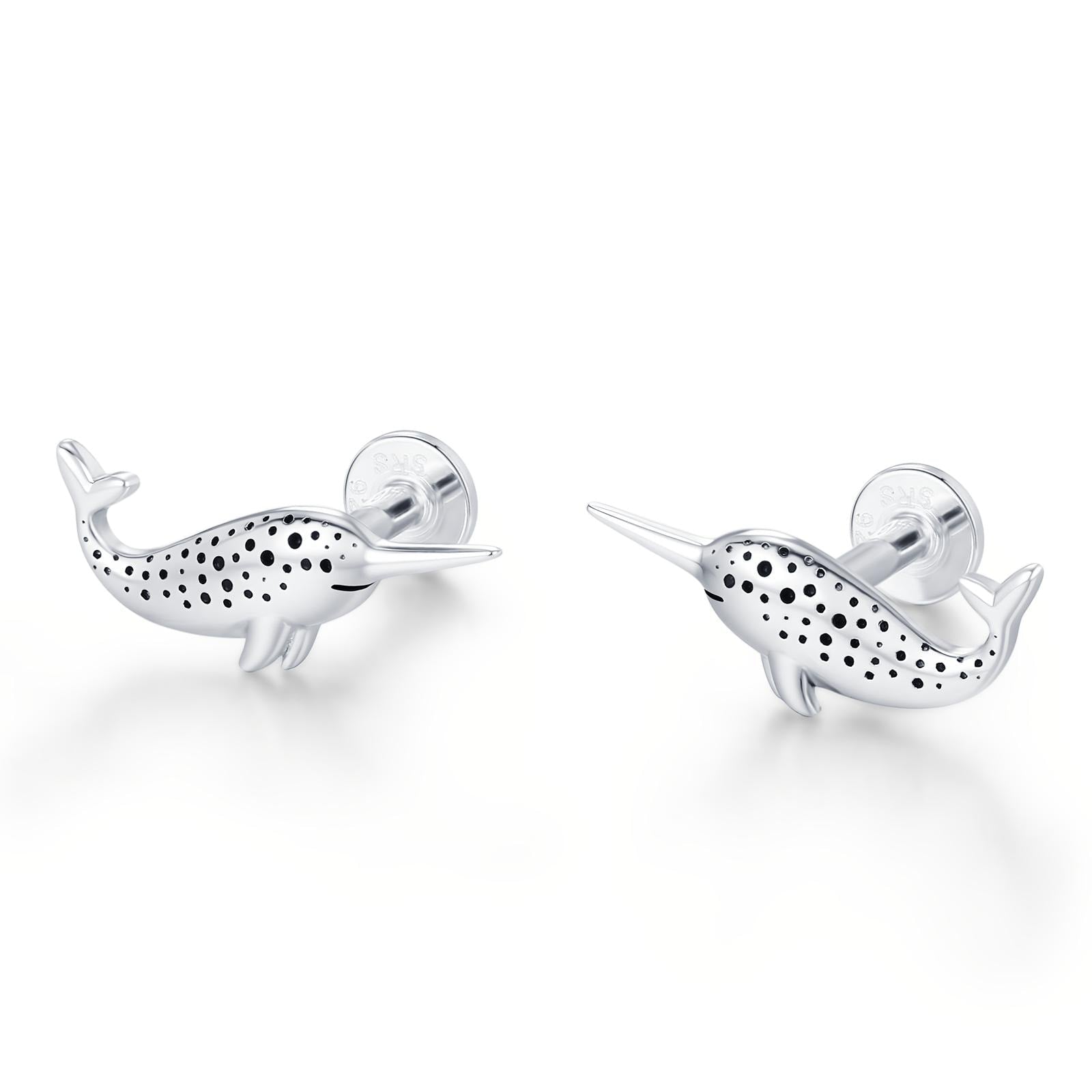 Tiny Narwhal Unicorn Whale Stud Earrings in Sterling Silver, Gift for Her, Animal Lover, Nature Inspired, Nautical Ocean