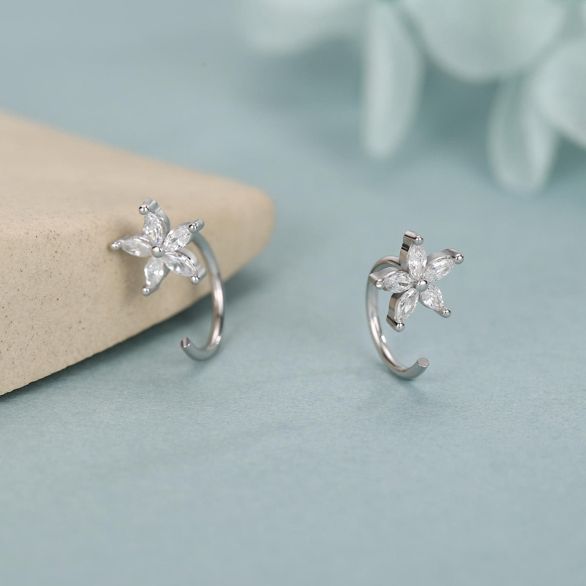 CZ Forget-me-not Flower Huggie Hoop Earrings in Sterling Silver, Gold or Silver, Marquise CZ Flower Threader Hoop Earrings, Pull Through