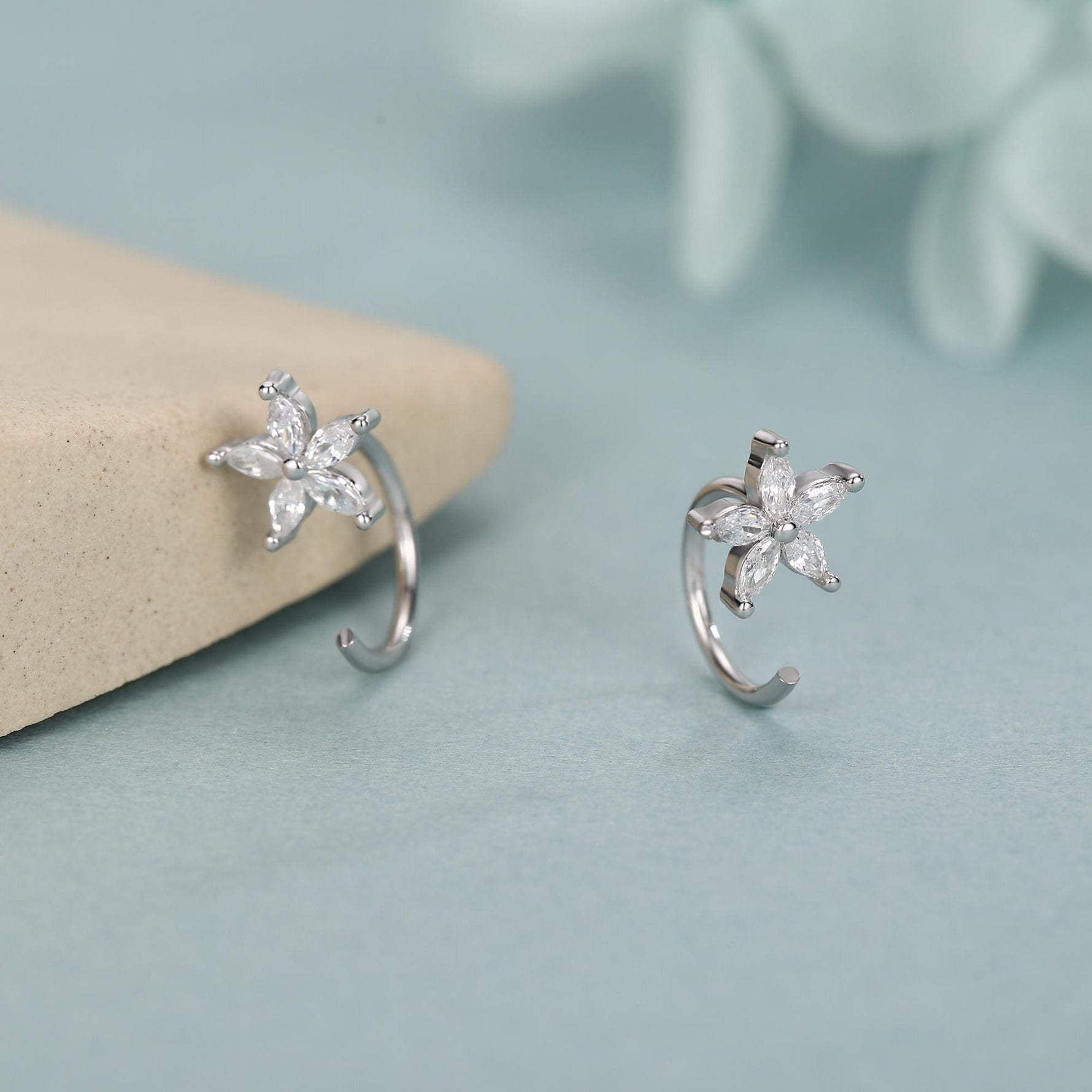 CZ Forget-me-not Flower Huggie Hoop Earrings in Sterling Silver, Gold or Silver, Marquise CZ Flower Threader Hoop Earrings, Pull Through