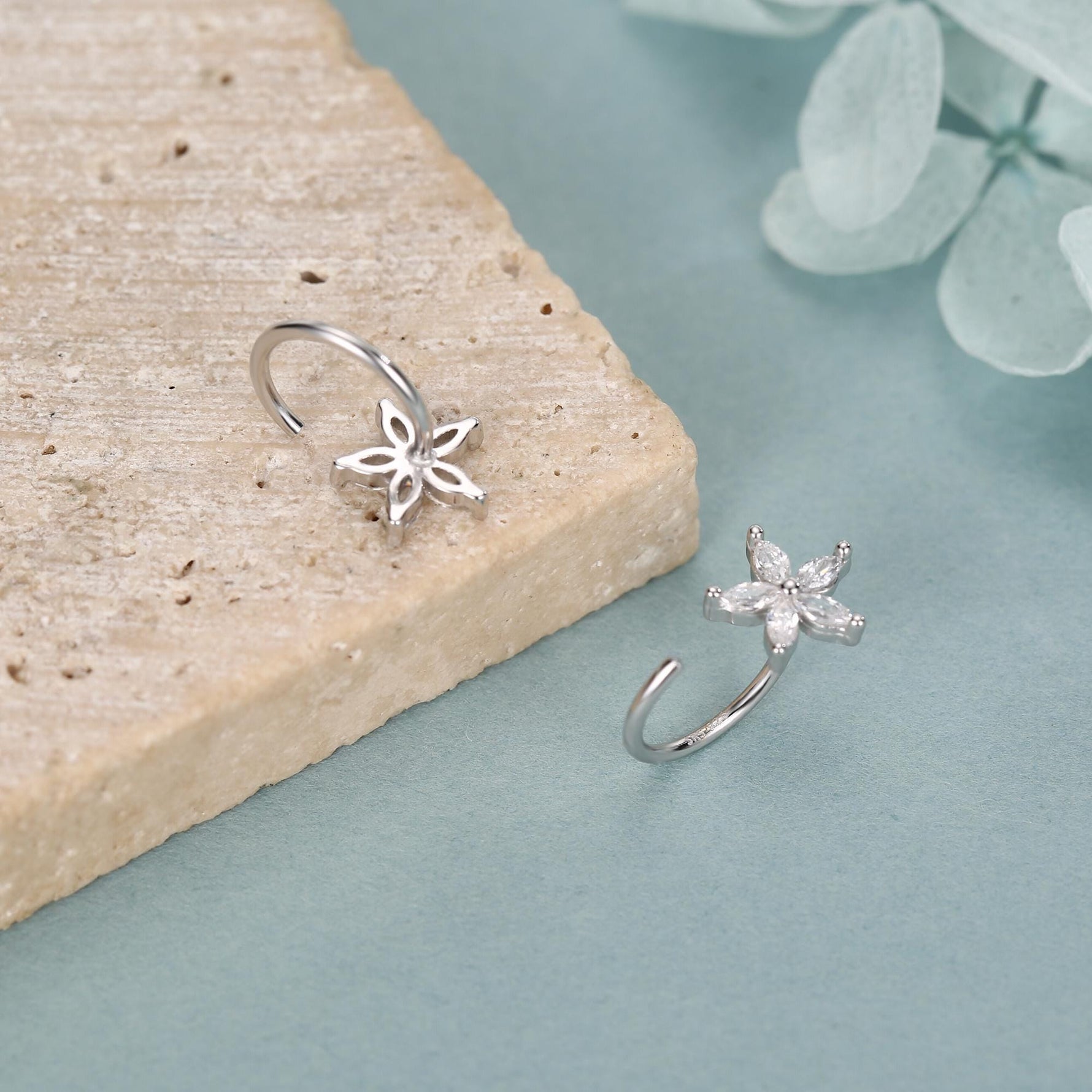 CZ Forget-me-not Flower Huggie Hoop Earrings in Sterling Silver, Gold or Silver, Marquise CZ Flower Threader Hoop Earrings, Pull Through