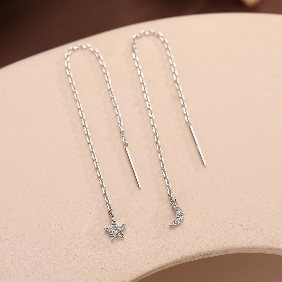 Asymmetric Tiny Moon and Star CZ Threader Earrings in Sterling Silver, Silver, Gold or Rose Gold, Moon and Star Ear Threaders