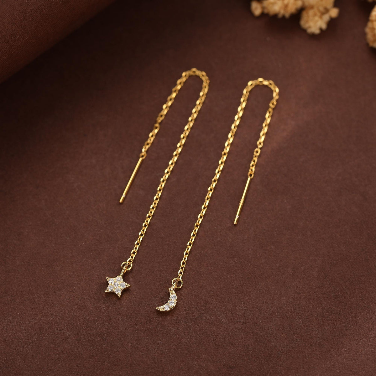 Asymmetric Tiny Moon and Star CZ Threader Earrings in Sterling Silver, Silver, Gold or Rose Gold, Moon and Star Ear Threaders