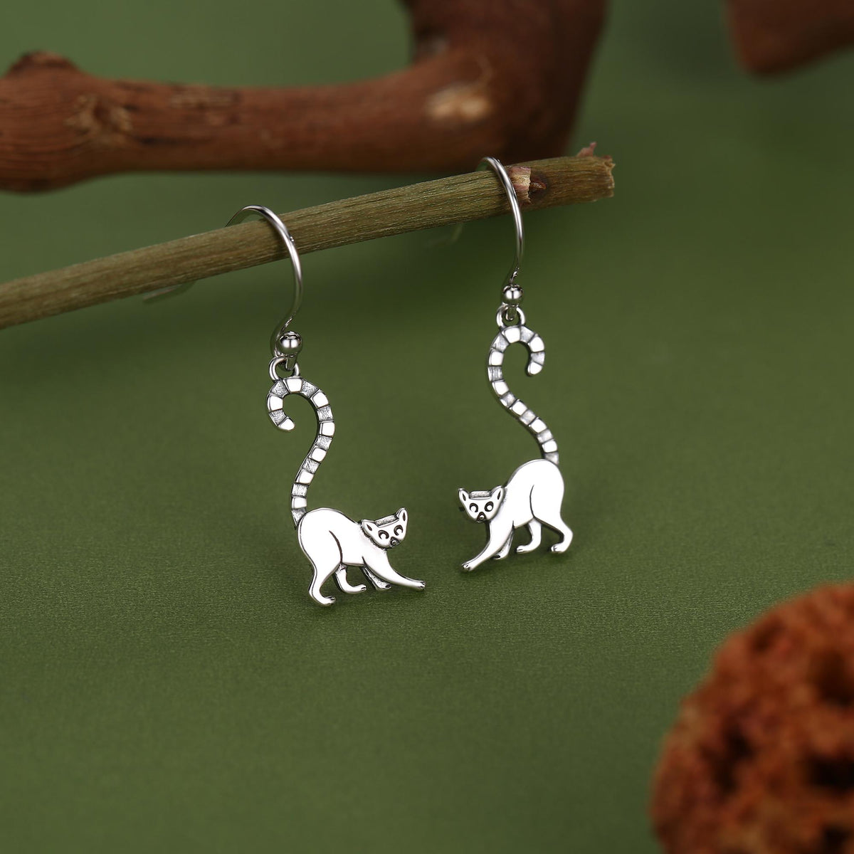 Sterling Silver Ring-Tailed Lemur Drop Earrings