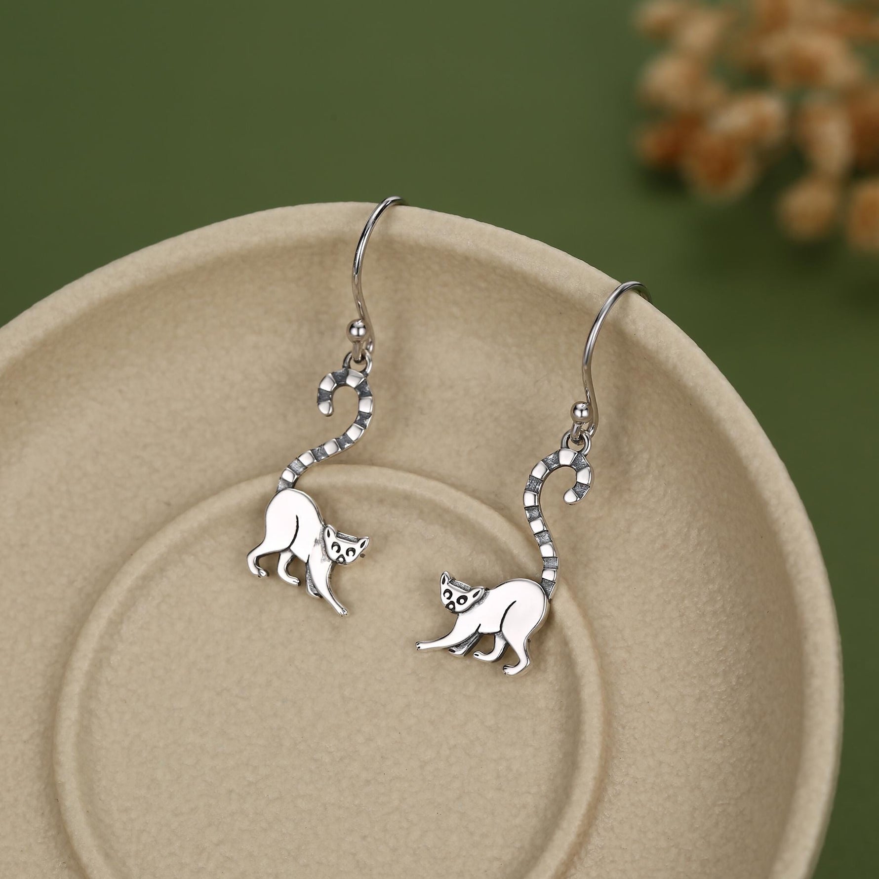 Sterling Silver Ring-Tailed Lemur Drop Earrings