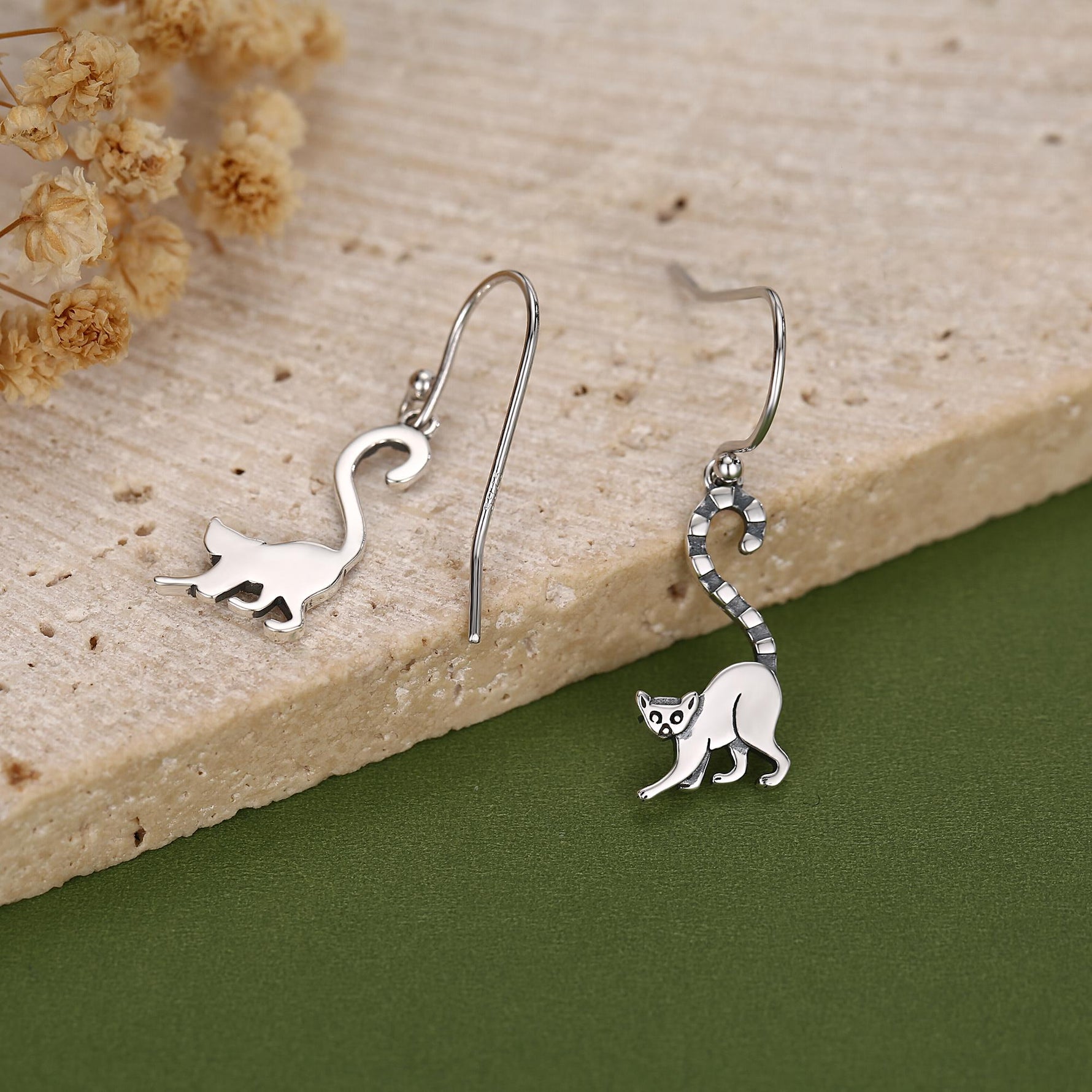 Sterling Silver Ring-Tailed Lemur Drop Earrings