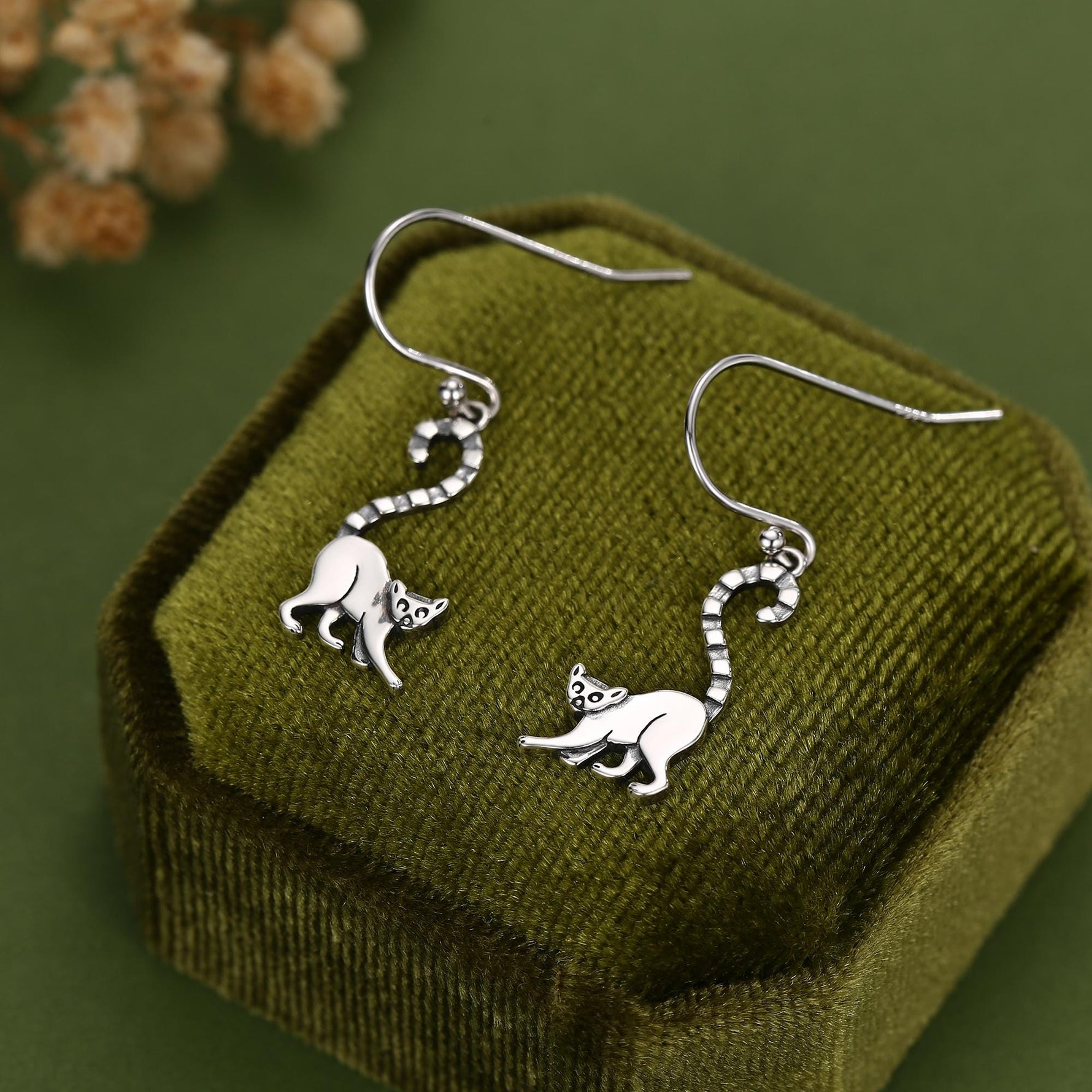 Sterling Silver Ring-Tailed Lemur Drop Earrings