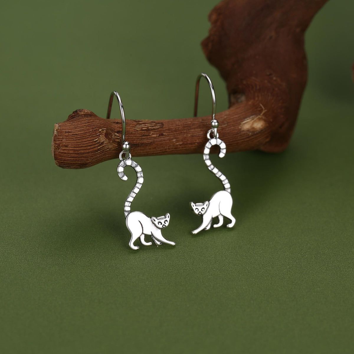 Sterling Silver Ring-Tailed Lemur Drop Earrings