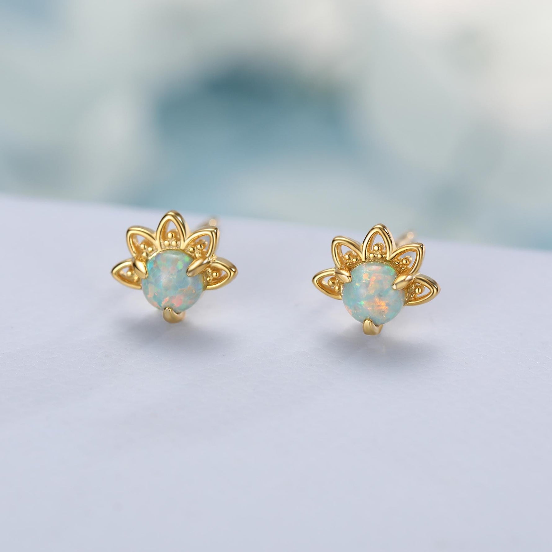 Sterling Silver Green Opal Crown Stud Earrings, Prong Set, Opal Earrings, Lab Opal Lotus Earrings, Minimalist
