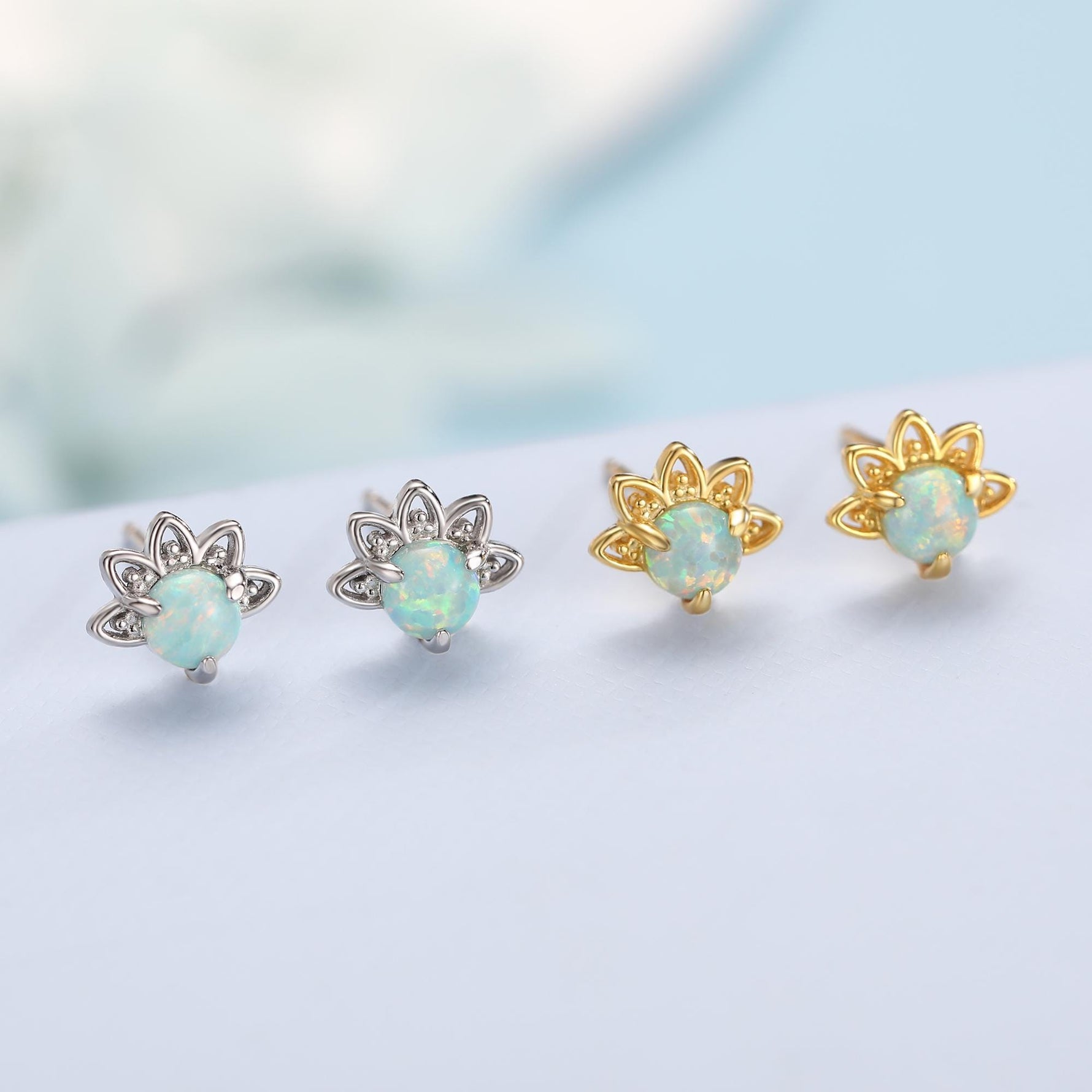 Sterling Silver Green Opal Crown Stud Earrings, Prong Set, Opal Earrings, Lab Opal Lotus Earrings, Minimalist