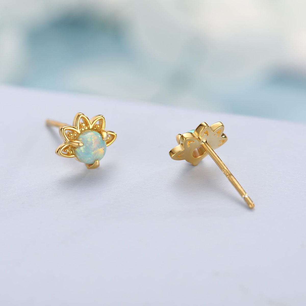 Sterling Silver Green Opal Crown Stud Earrings, Prong Set, Opal Earrings, Lab Opal Lotus Earrings, Minimalist