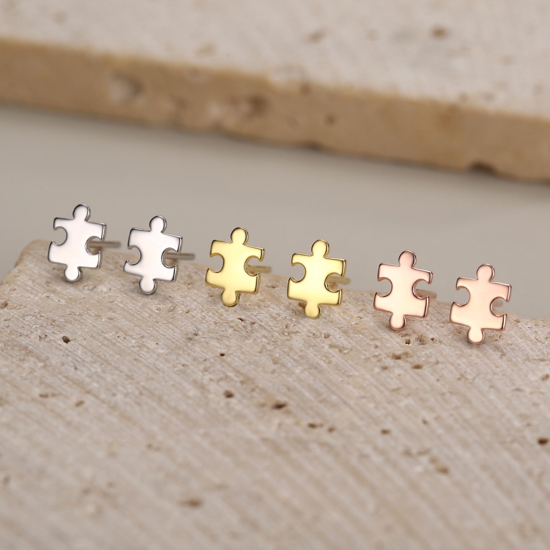 Small Jigsaw Stud Earrings in Sterling Silver, Silver Jigsaw Piece Earrings