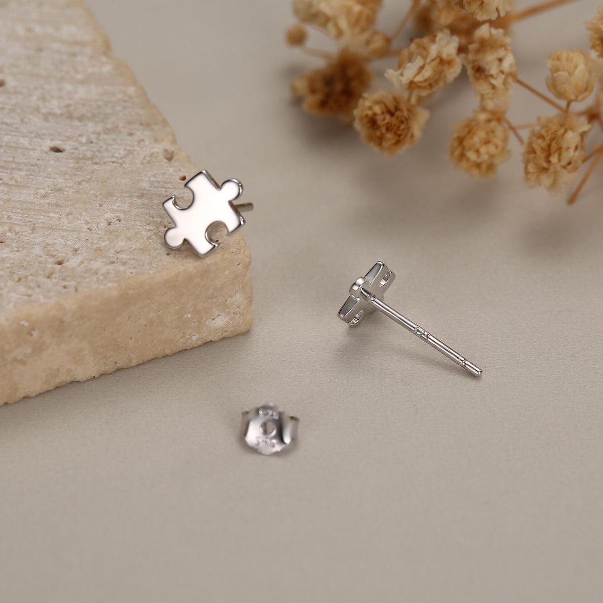 Small Jigsaw Stud Earrings in Sterling Silver, Silver Jigsaw Piece Earrings