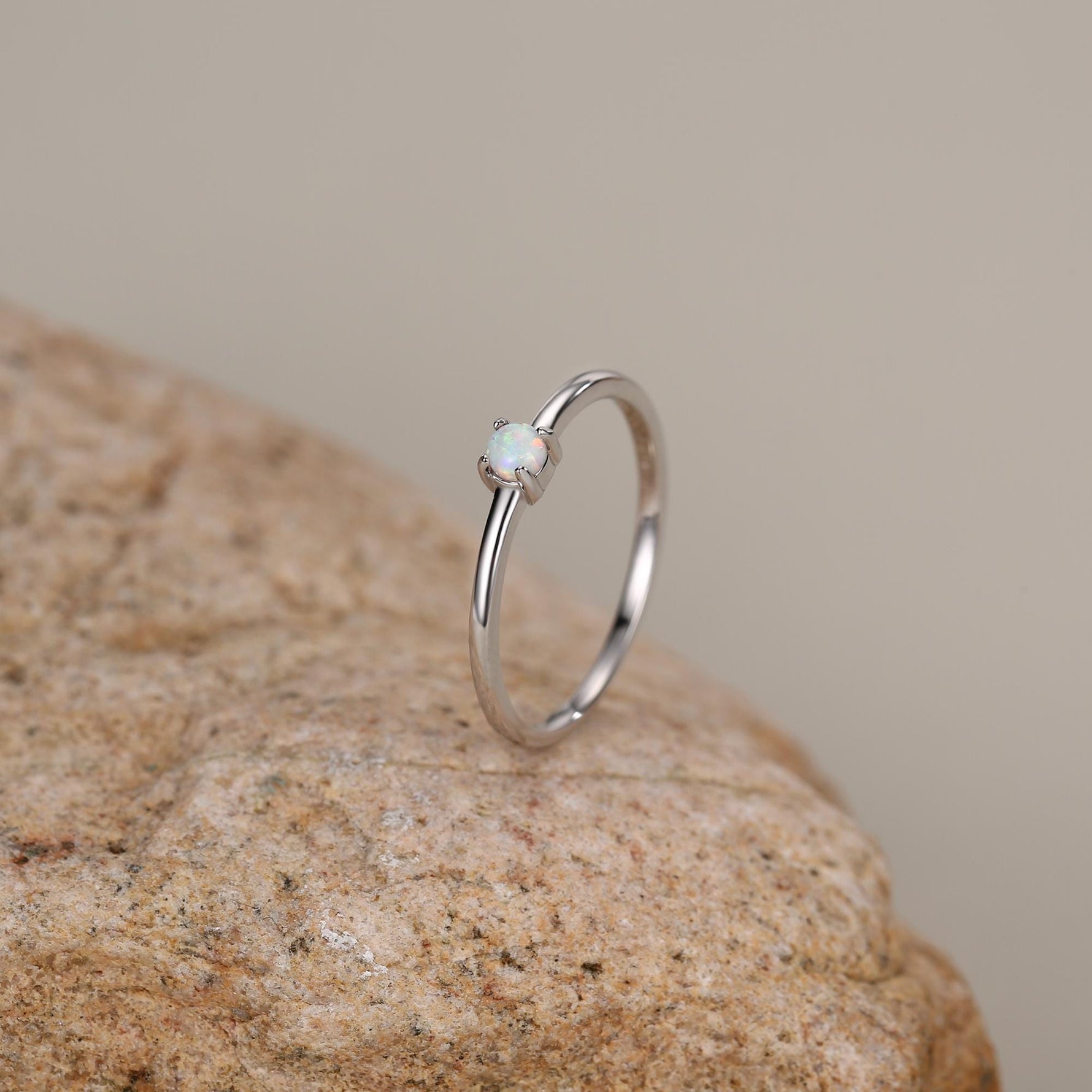 Tiny Fire Opal Ring in Sterling Silver, US 5 - 8, 3mm Opal Ring, Prong Set, Lab Opal Stone Ring, White Opal Ring, Delicate Stacking Ring,