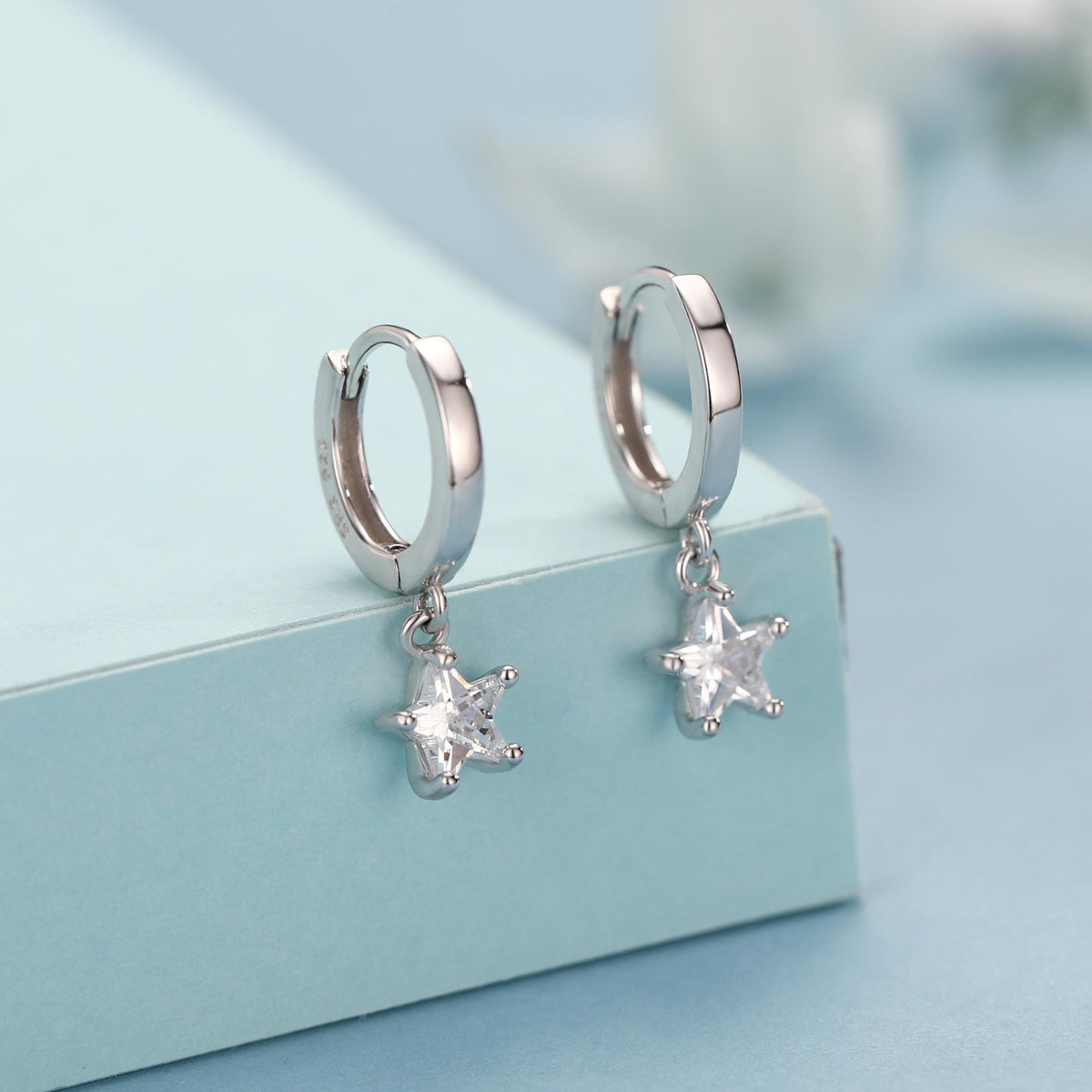 CZ Star Huggie Hoop Earrings in Sterling Silver, Silver or Gold, North Star Dangle Earrings, Sunburst Earrings, Celestial Jewellery