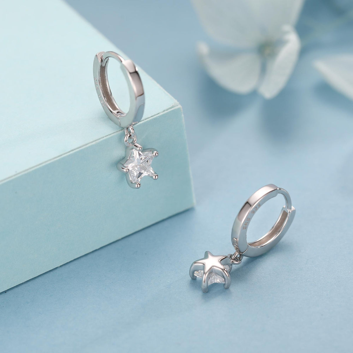 CZ Star Huggie Hoop Earrings in Sterling Silver, Silver or Gold, North Star Dangle Earrings, Sunburst Earrings, Celestial Jewellery