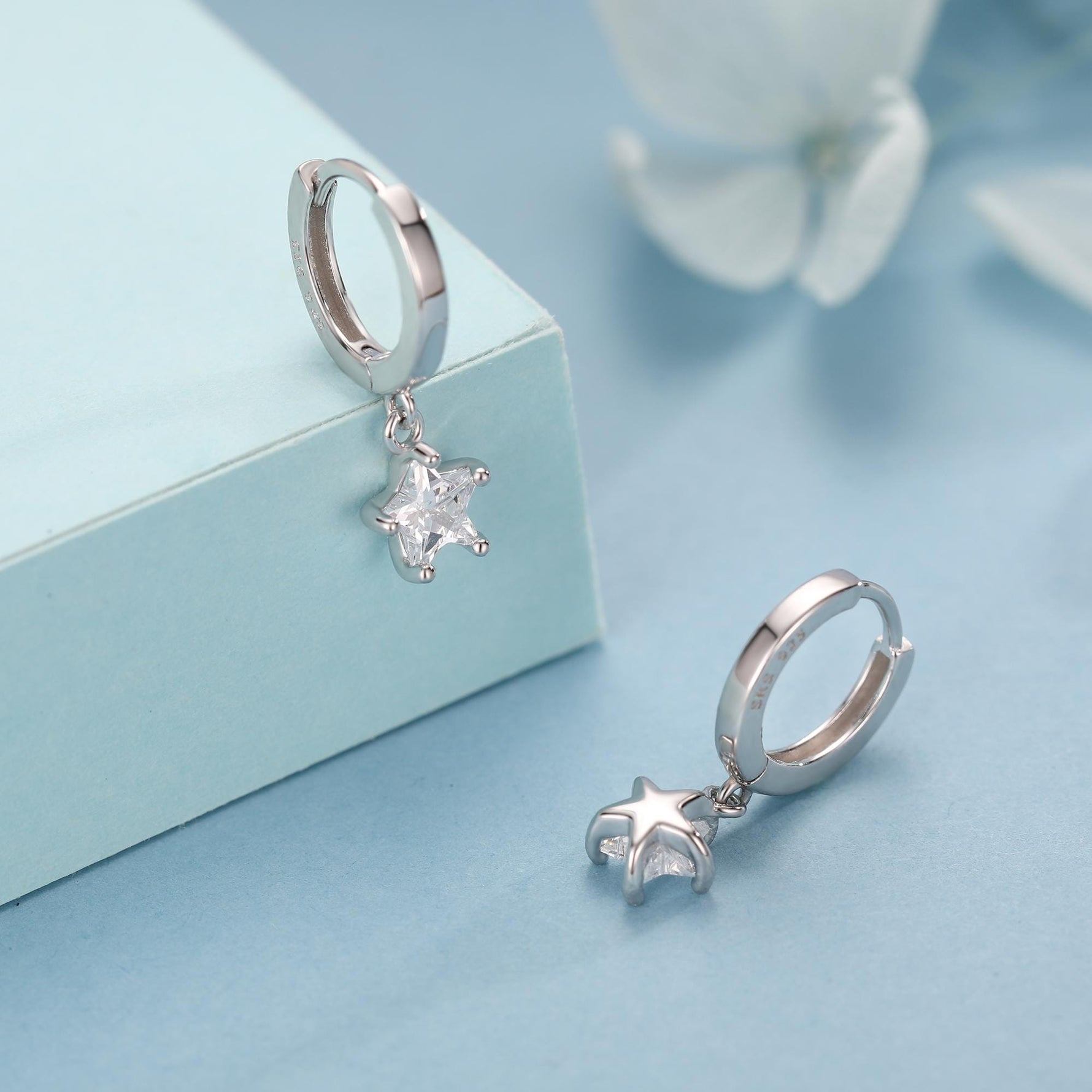 CZ Star Huggie Hoop Earrings in Sterling Silver, Silver or Gold, North Star Dangle Earrings, Sunburst Earrings, Celestial Jewellery