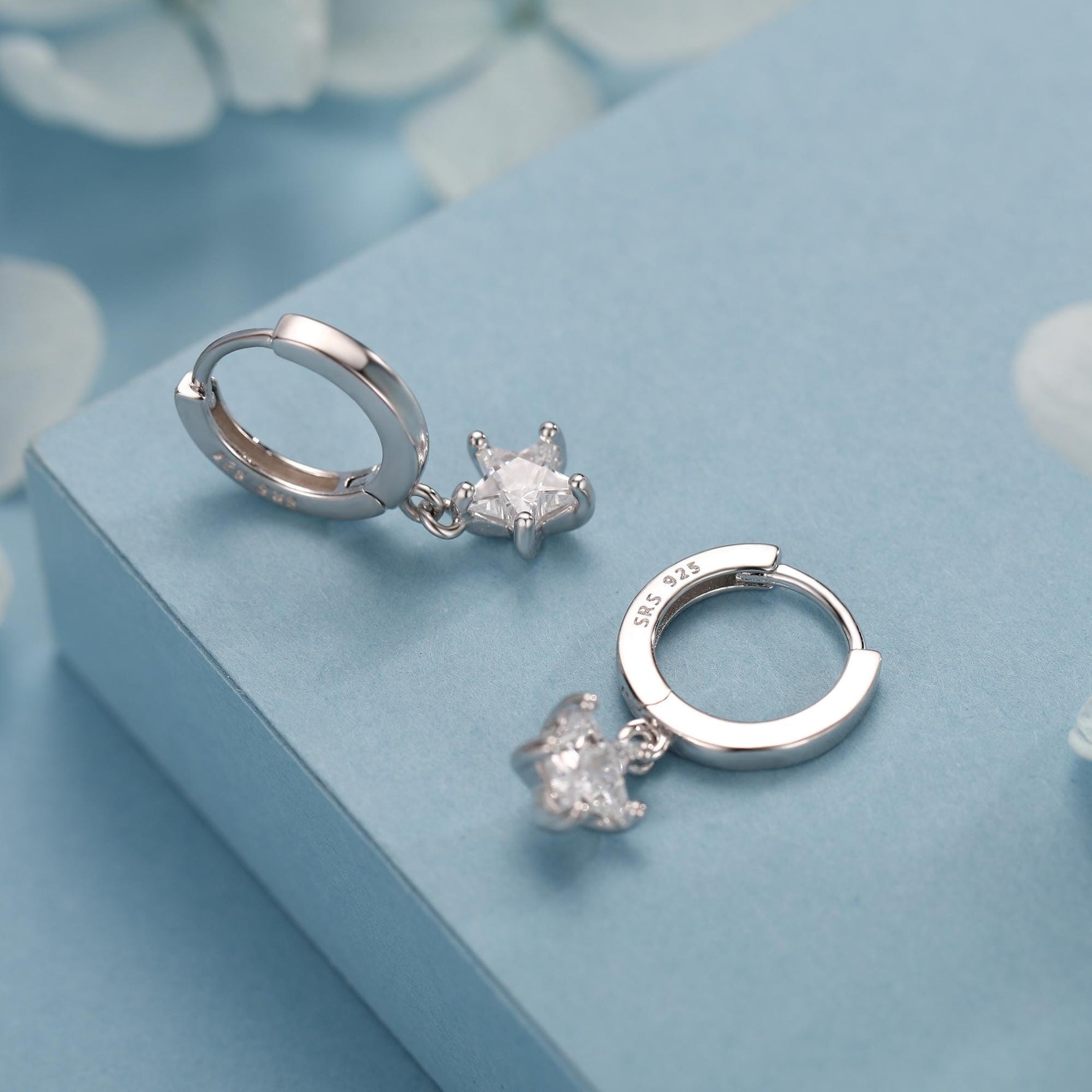CZ Star Huggie Hoop Earrings in Sterling Silver, Silver or Gold, North Star Dangle Earrings, Sunburst Earrings, Celestial Jewellery