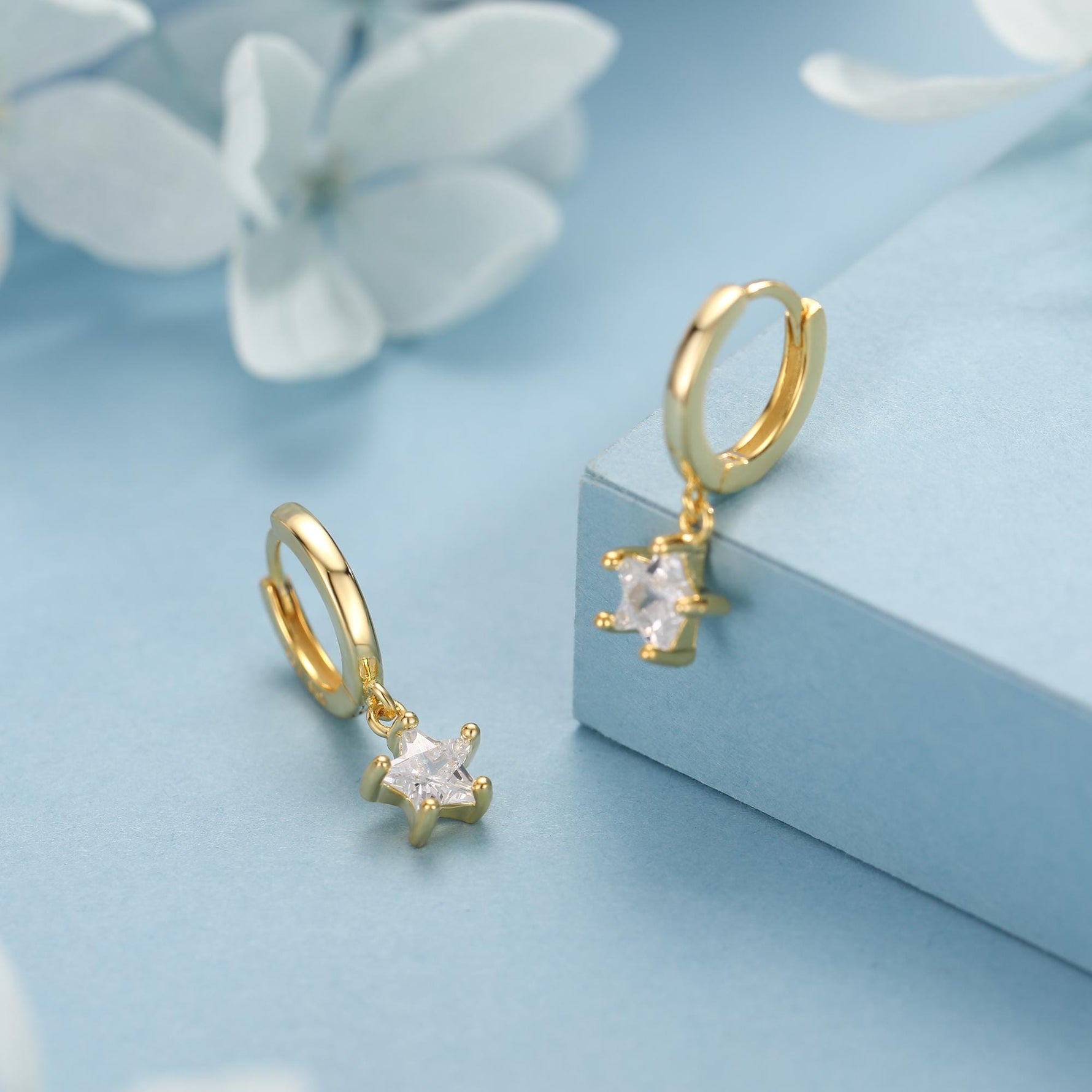 CZ Star Huggie Hoop Earrings in Sterling Silver, Silver or Gold, North Star Dangle Earrings, Sunburst Earrings, Celestial Jewellery