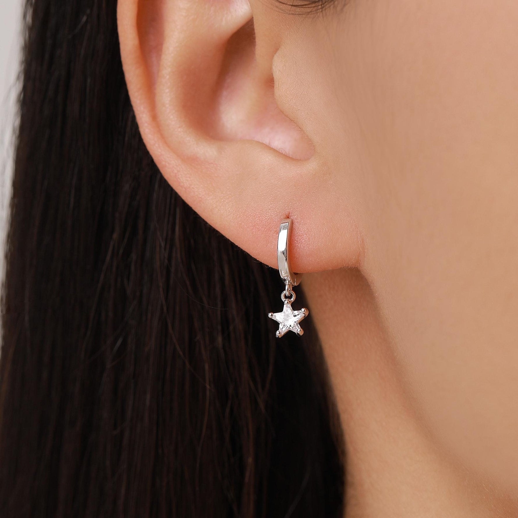 CZ Star Huggie Hoop Earrings in Sterling Silver, Silver or Gold, North Star Dangle Earrings, Sunburst Earrings, Celestial Jewellery
