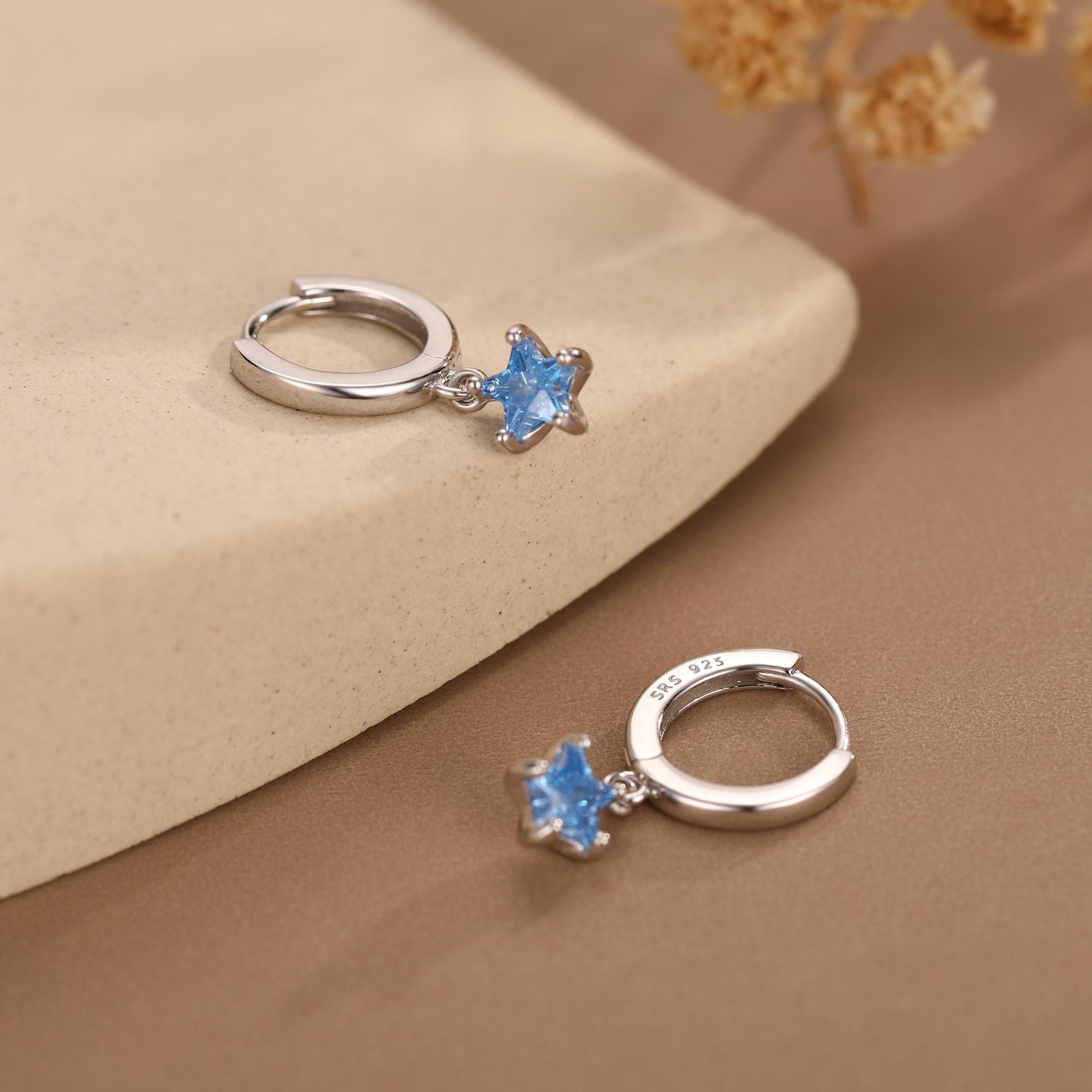Blue CZ Star Huggie Hoop Earrings in Sterling Silver, Aquamarine Blue Star Hoops, North Star Dangle Earrings, Celestial Jewellery