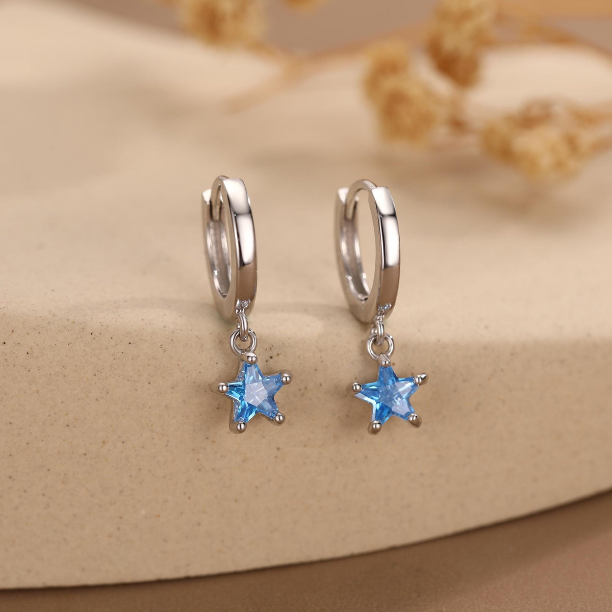 Blue CZ Star Huggie Hoop Earrings in Sterling Silver, Aquamarine Blue Star Hoops, North Star Dangle Earrings, Celestial Jewellery