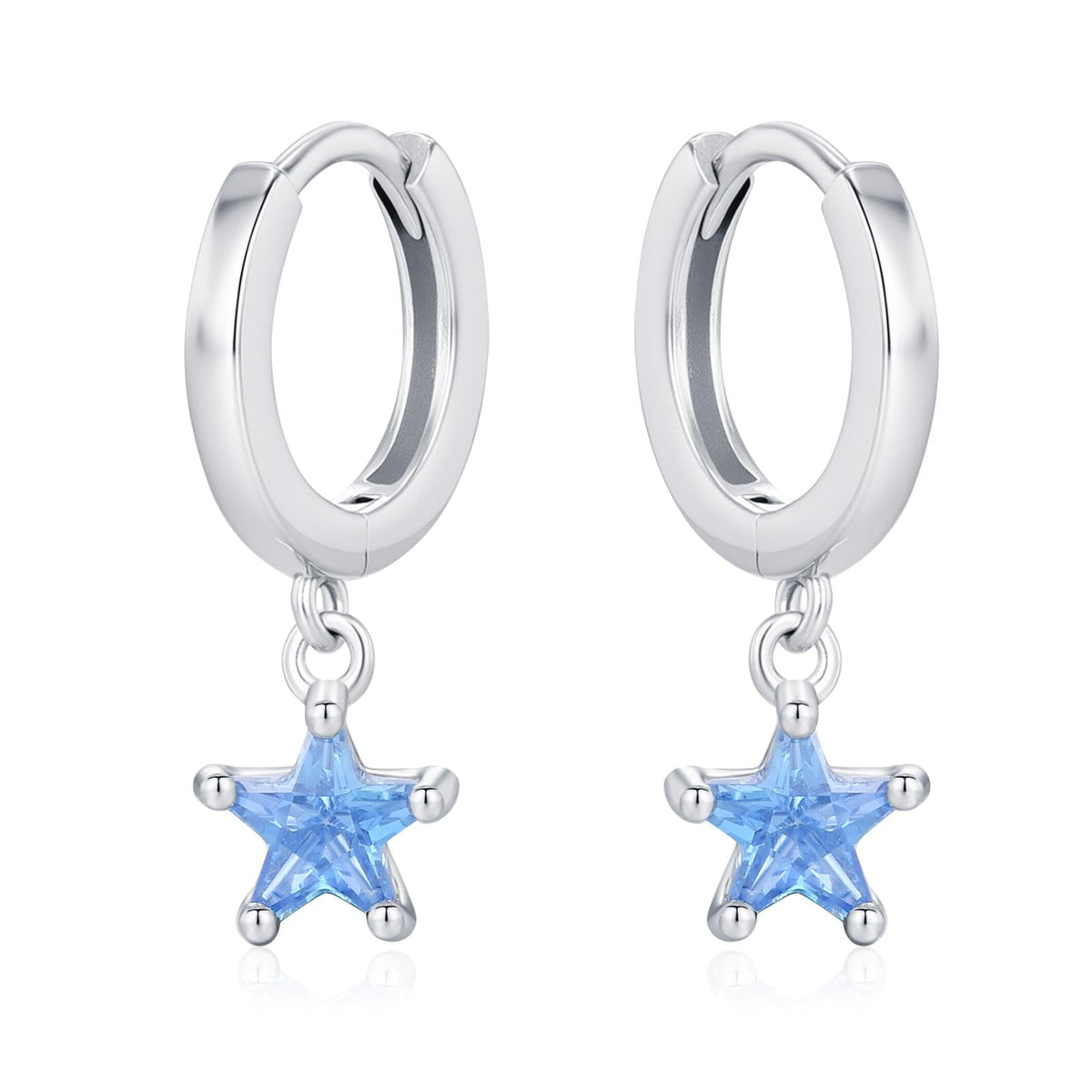 Blue CZ Star Huggie Hoop Earrings in Sterling Silver, Aquamarine Blue Star Hoops, North Star Dangle Earrings, Celestial Jewellery