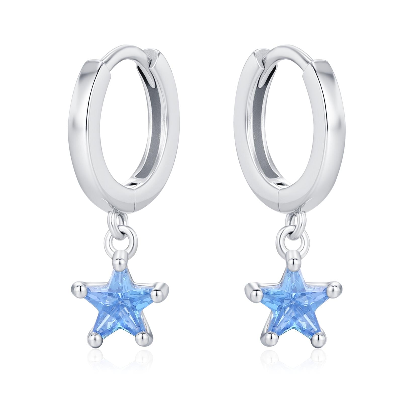 Blue CZ Star Huggie Hoop Earrings in Sterling Silver, Aquamarine Blue Star Hoops, North Star Dangle Earrings, Celestial Jewellery