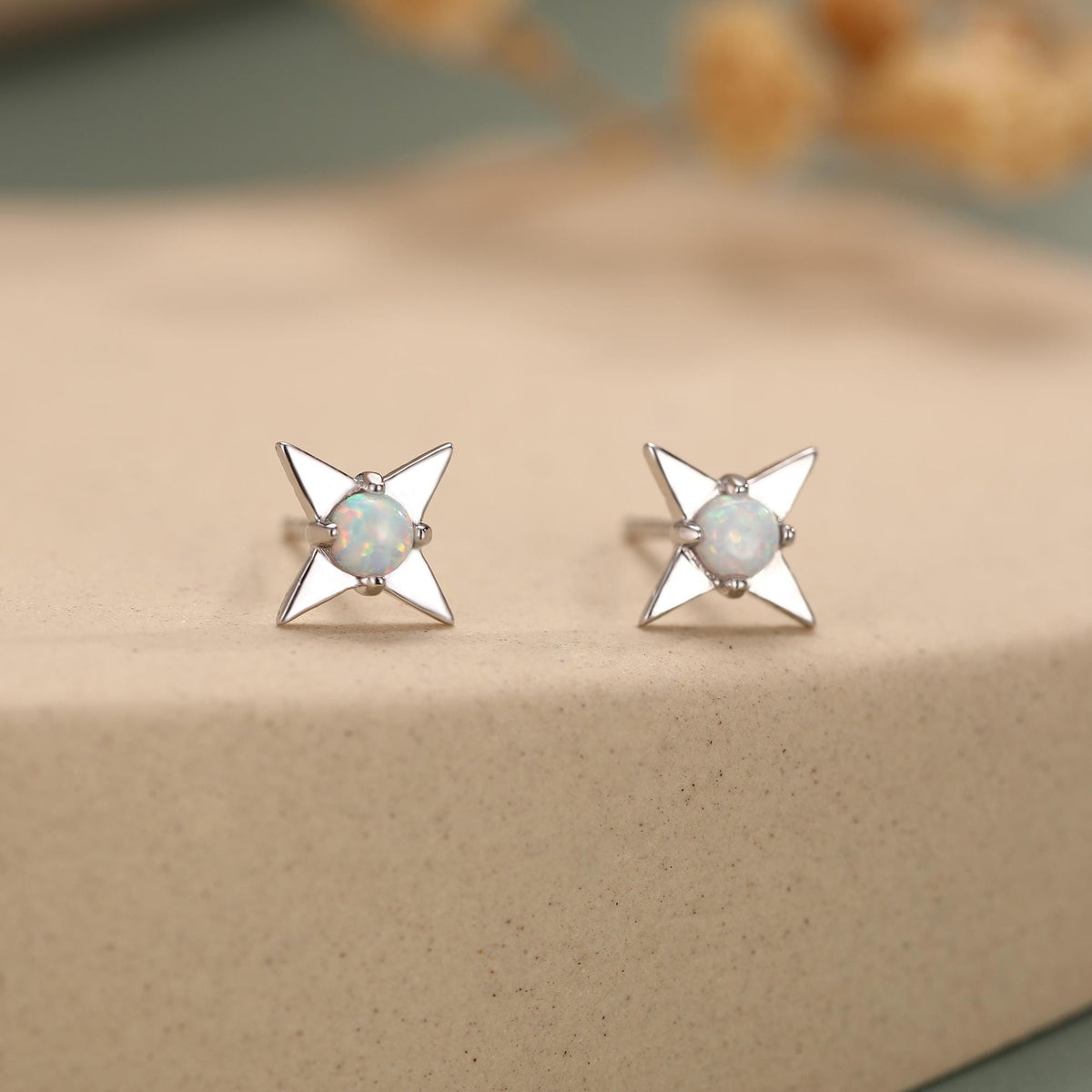 White Opal Star Stud Earrings in Sterling Silver, Silver or Gold, Four Point Star Opal Earrings, Stacking Earrings