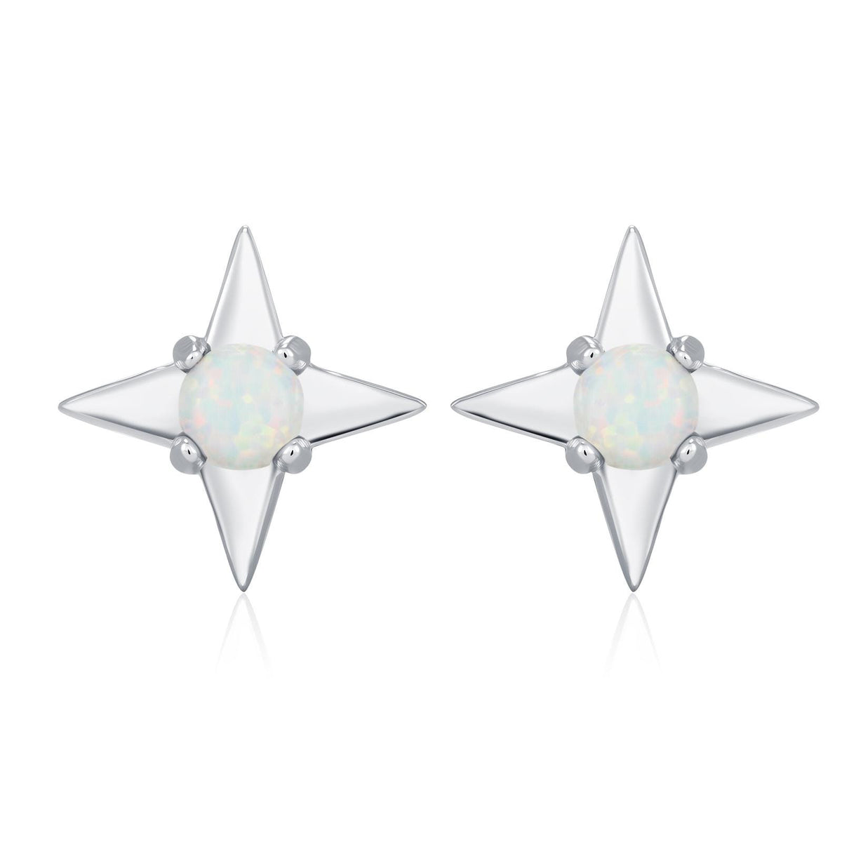 White Opal Star Stud Earrings in Sterling Silver, Silver or Gold, Four Point Star Opal Earrings, Stacking Earrings