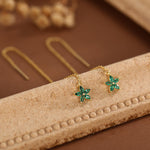 Emerald Green CZ Flower Threader Earrings in Sterling Silver, Silver or Gold, Forget-me-not Floral Ear Threaders, Sparkly CZ Threaders