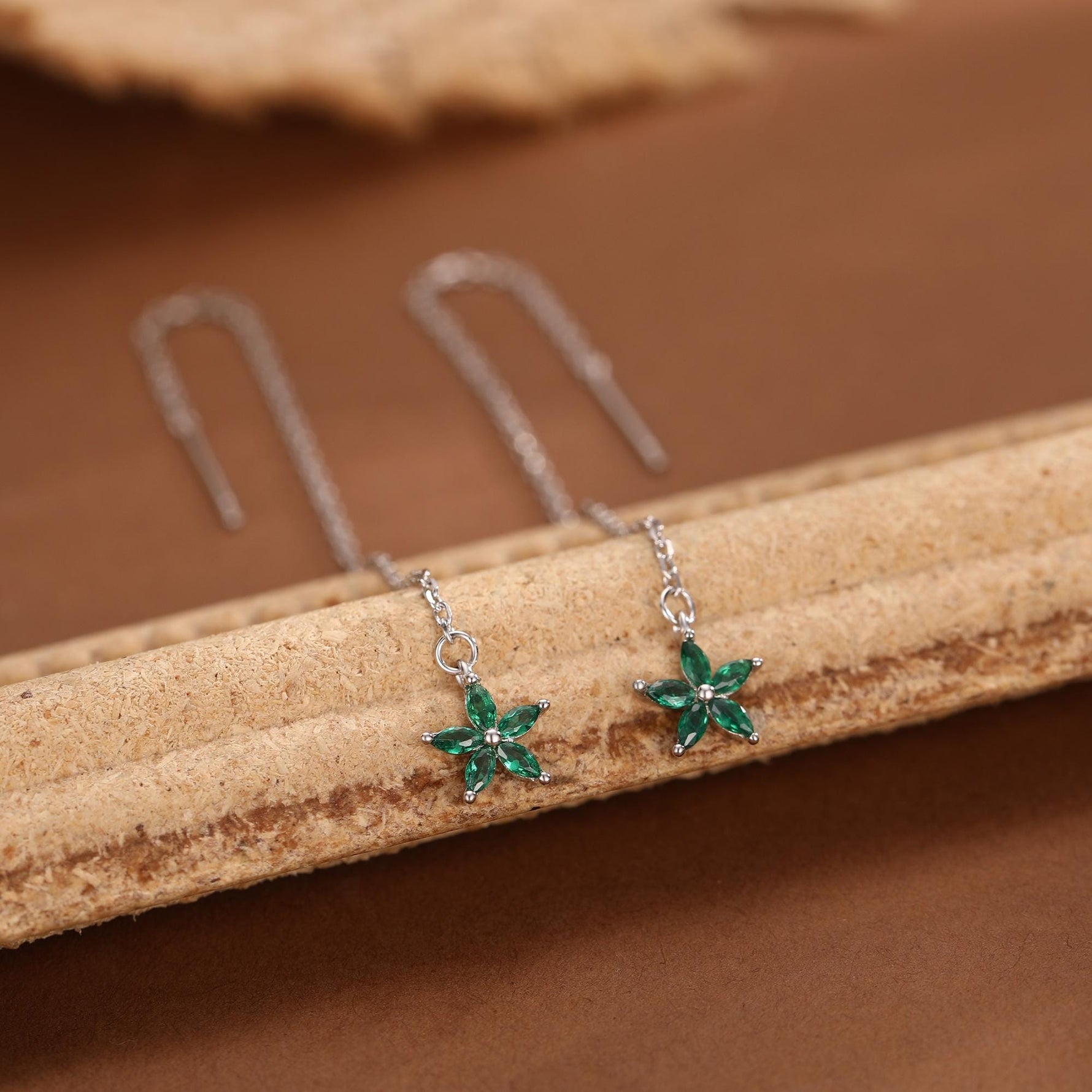 Emerald Green CZ Flower Threader Earrings in Sterling Silver, Silver or Gold, Forget-me-not Floral Ear Threaders, Sparkly CZ Threaders