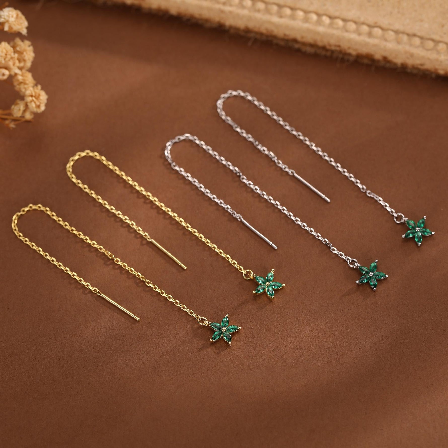Emerald Green CZ Flower Threader Earrings in Sterling Silver, Silver or Gold, Forget-me-not Floral Ear Threaders, Sparkly CZ Threaders