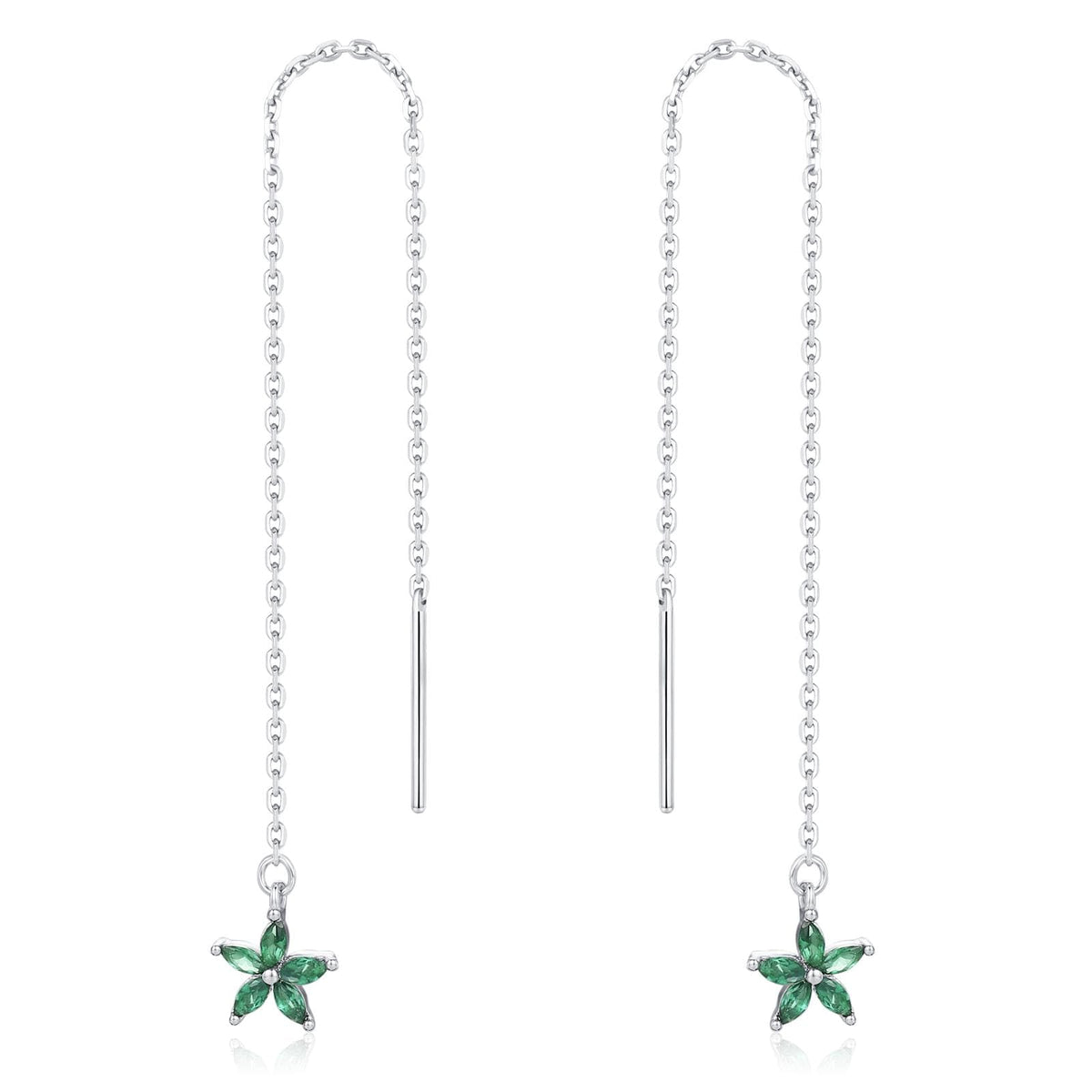 Emerald Green CZ Flower Threader Earrings in Sterling Silver, Silver or Gold, Forget-me-not Floral Ear Threaders, Sparkly CZ Threaders