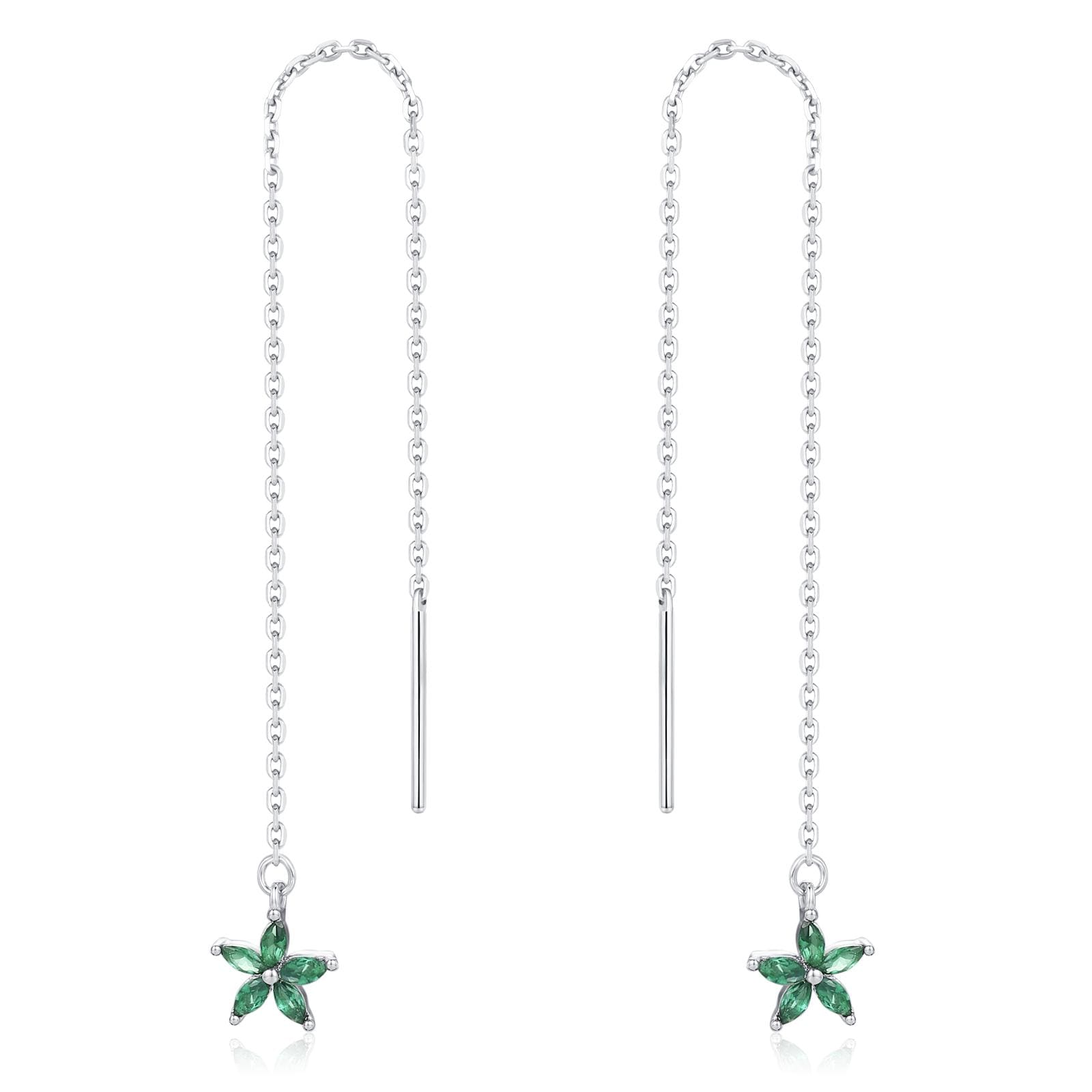 Emerald Green CZ Flower Threader Earrings in Sterling Silver, Silver or Gold, Forget-me-not Floral Ear Threaders, Sparkly CZ Threaders