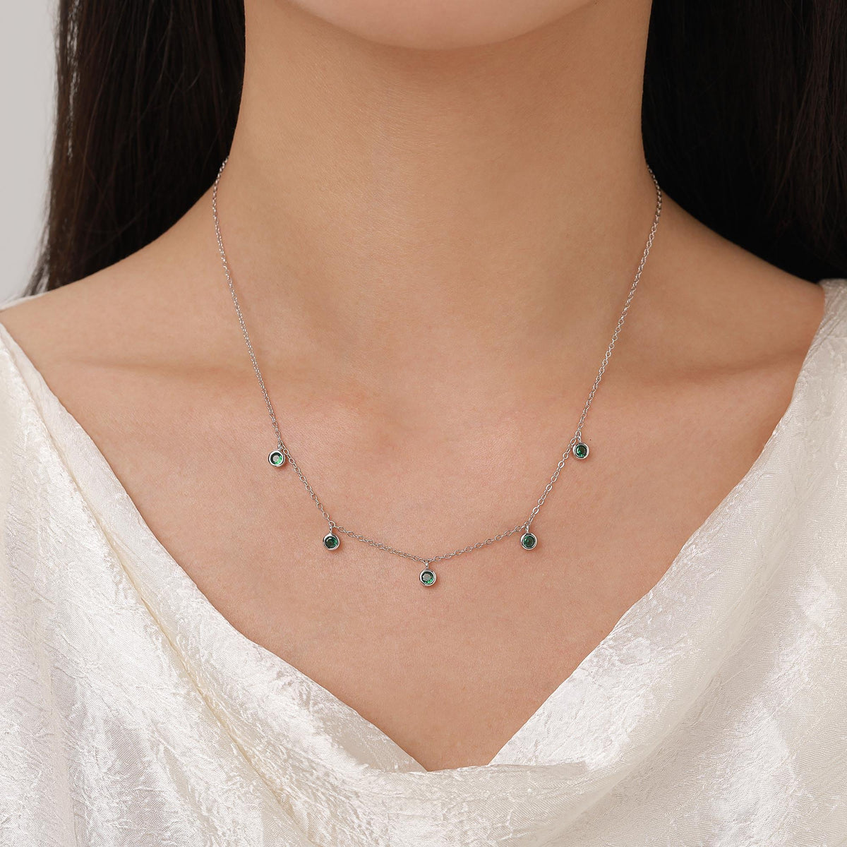 Emerald Green CZ Charm Necklace in Sterling Silver, Silver or Gold, Satellite Crystal Necklace, Solid Silver Necklace
