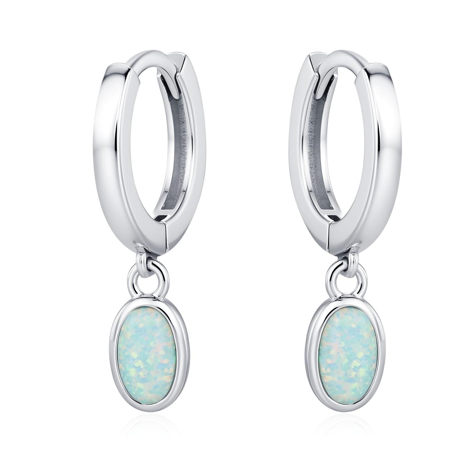Sterling Silver Dangling Oval Aqua Green Opal Hoop Earrings