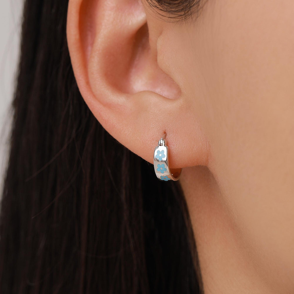 Sterling Silver Enamel Forget Me Not Huggie Hoops