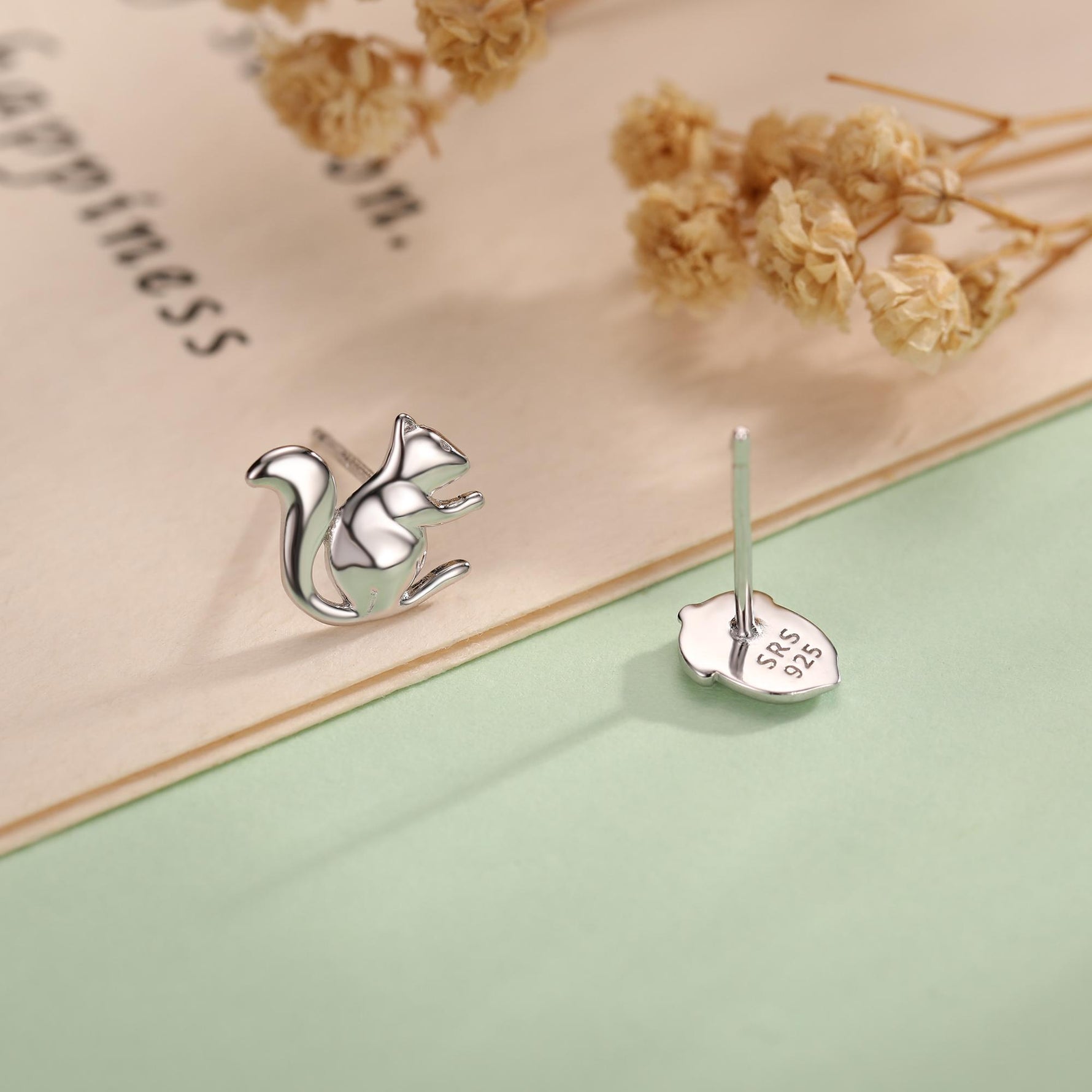 Mismatched Squirrel and Acorn Stud Earrings in Sterling Silver, Silver or Gold, Asymmetric Squirrel and Nut Earrings