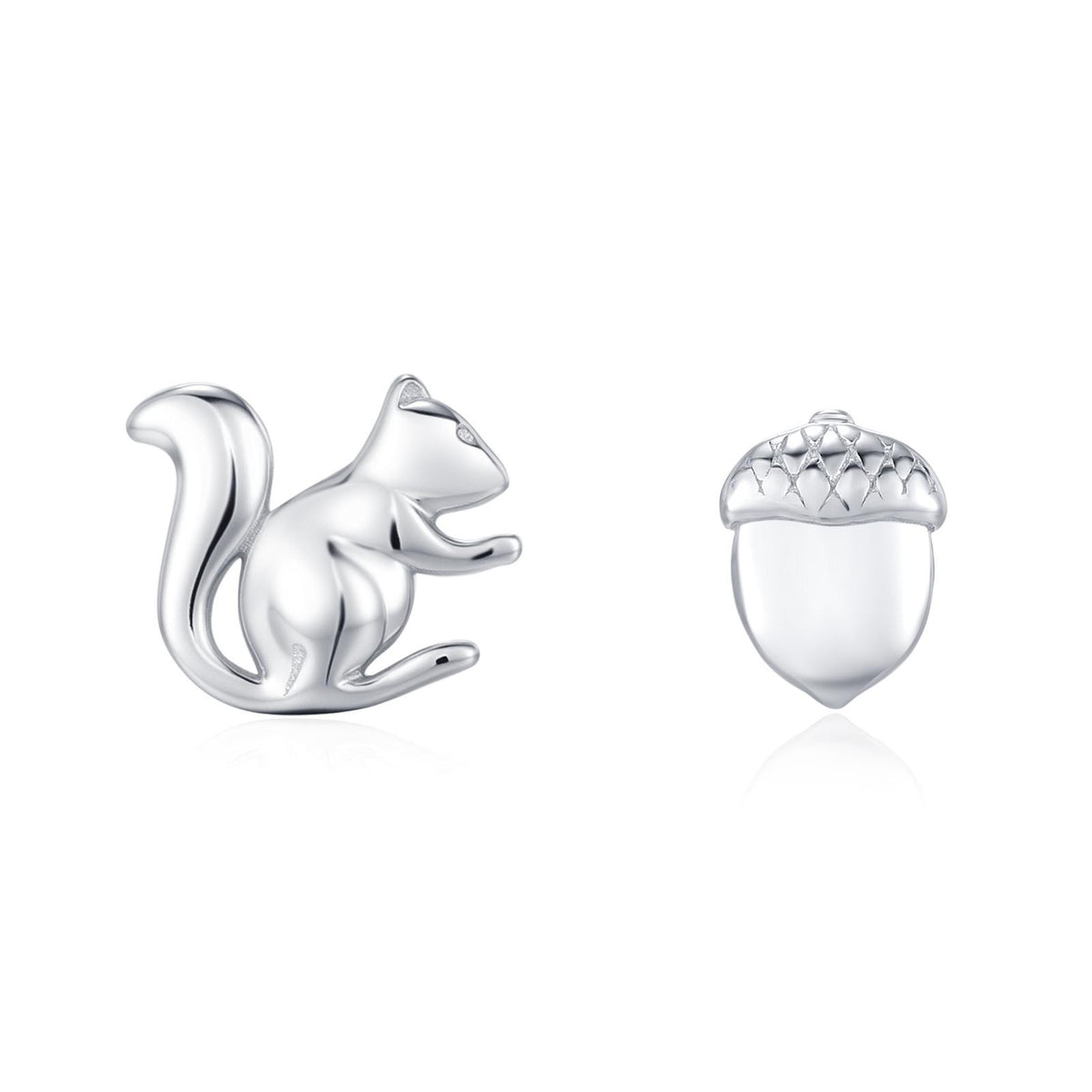 Mismatched Squirrel and Acorn Stud Earrings in Sterling Silver, Silver or Gold, Asymmetric Squirrel and Nut Earrings