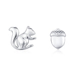 Mismatched Squirrel and Acorn Stud Earrings in Sterling Silver, Silver or Gold, Asymmetric Squirrel and Nut Earrings