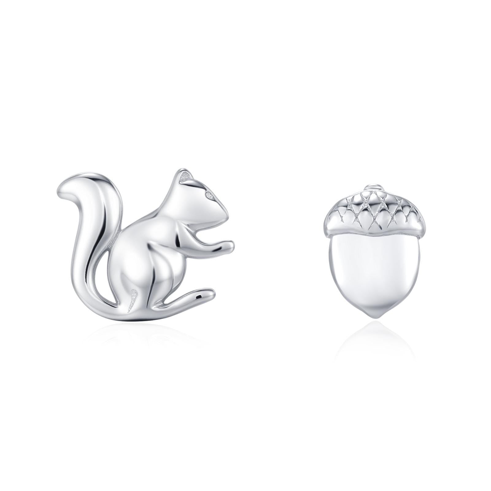 Mismatched Squirrel and Acorn Stud Earrings in Sterling Silver, Silver or Gold, Asymmetric Squirrel and Nut Earrings